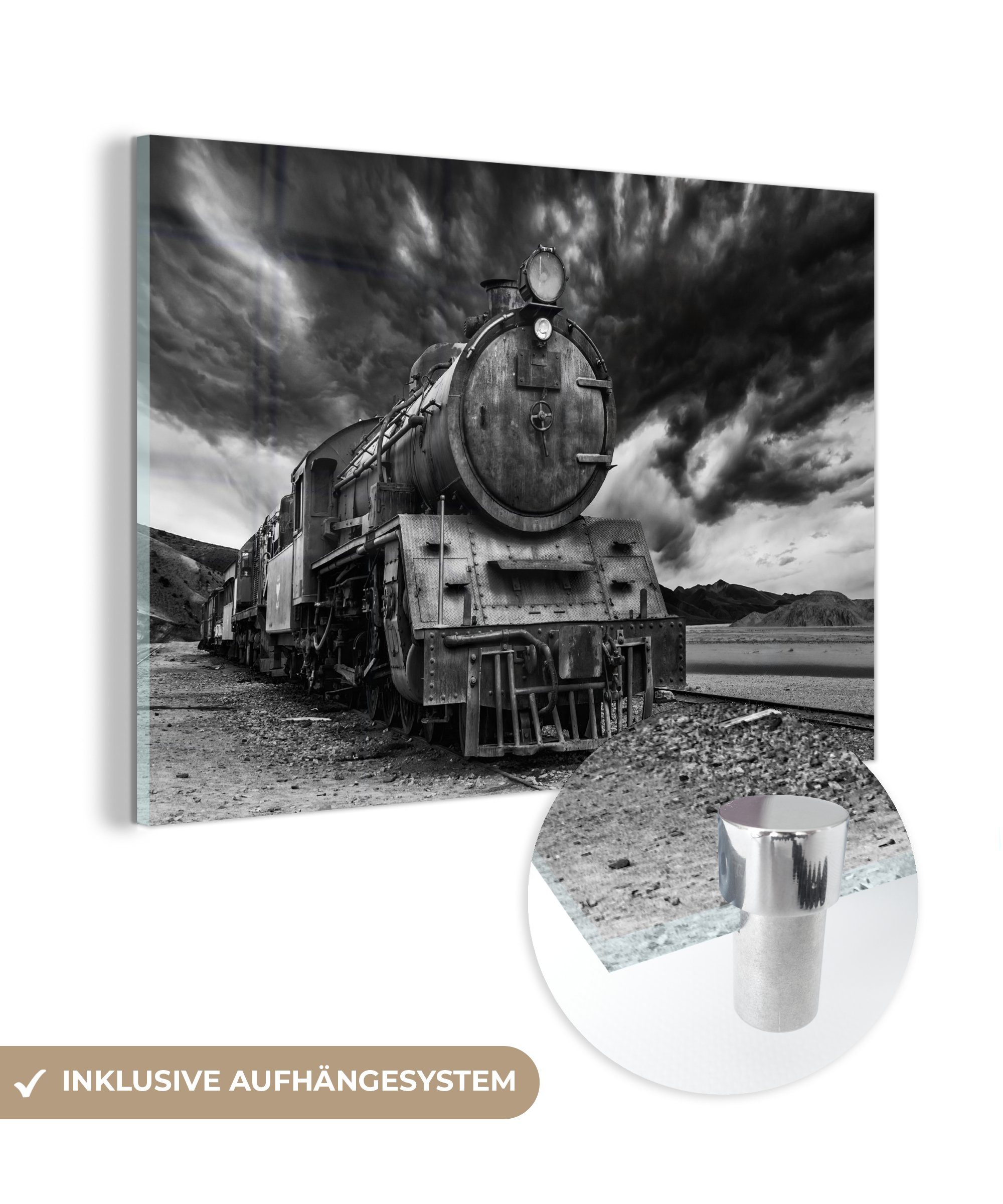 MuchoWow Acrylglasbild Schwarz-Weiß-Foto einer Dampfeisenbahn im asiatischen Jordanien, (1 St), Acrylglasbilder Wohnzimmer & Schlafzimmer