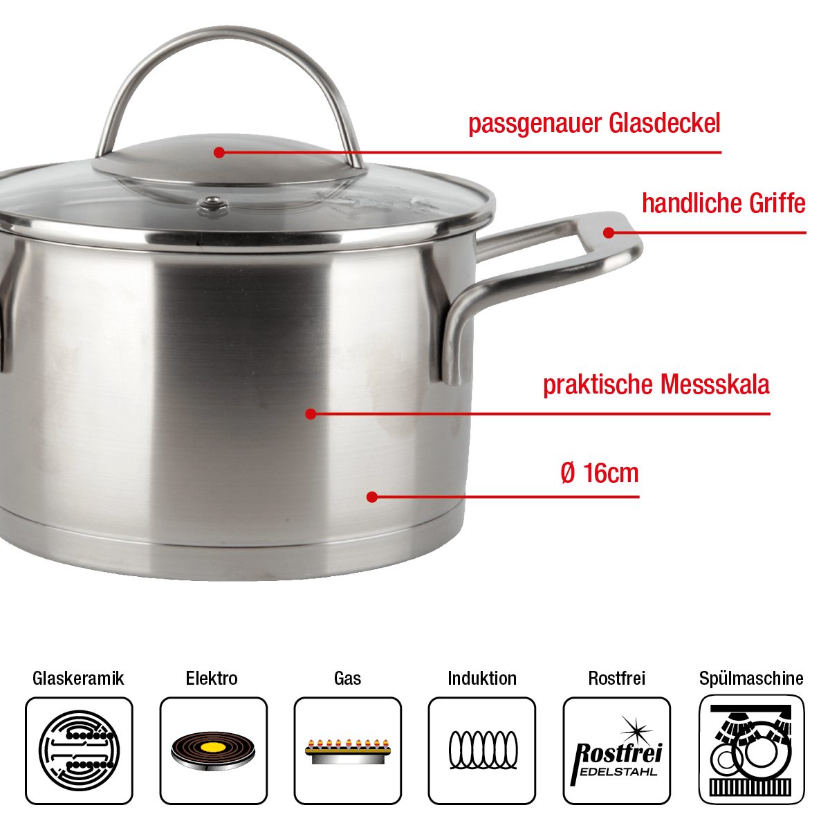 EUROHOME Fleischtopf Bratentopf mit Glasdeckel passgenau und induktionsgeeignet, Edelstahl (1-tlg., Kochtopf Edelstahl Ø16 cm), Topf alle Herdarten, Universalto – Bild 3 von 4