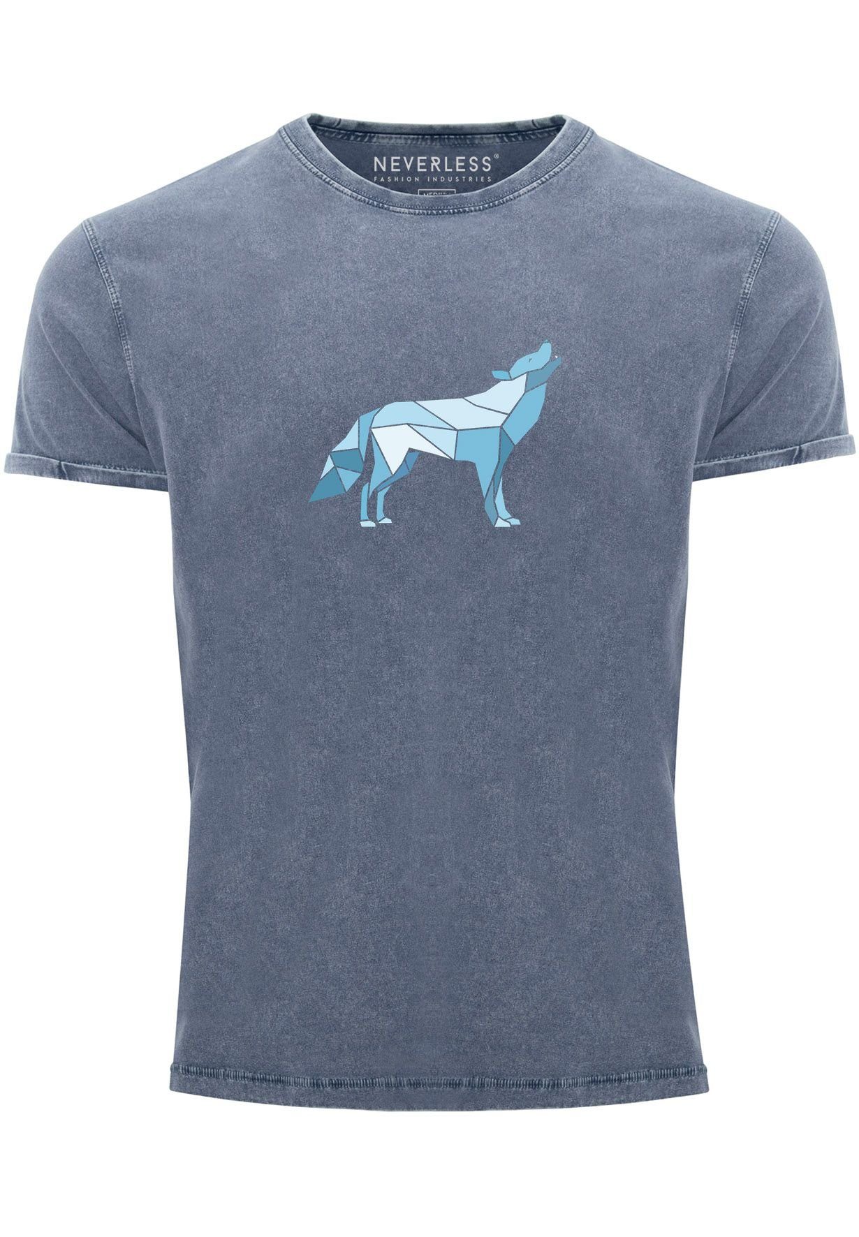 Neverless Print-Shirt Herren Vintage Shirt Aufdruck Wolf Polygon Print Geometrie Outdoor Wil mit Print blau