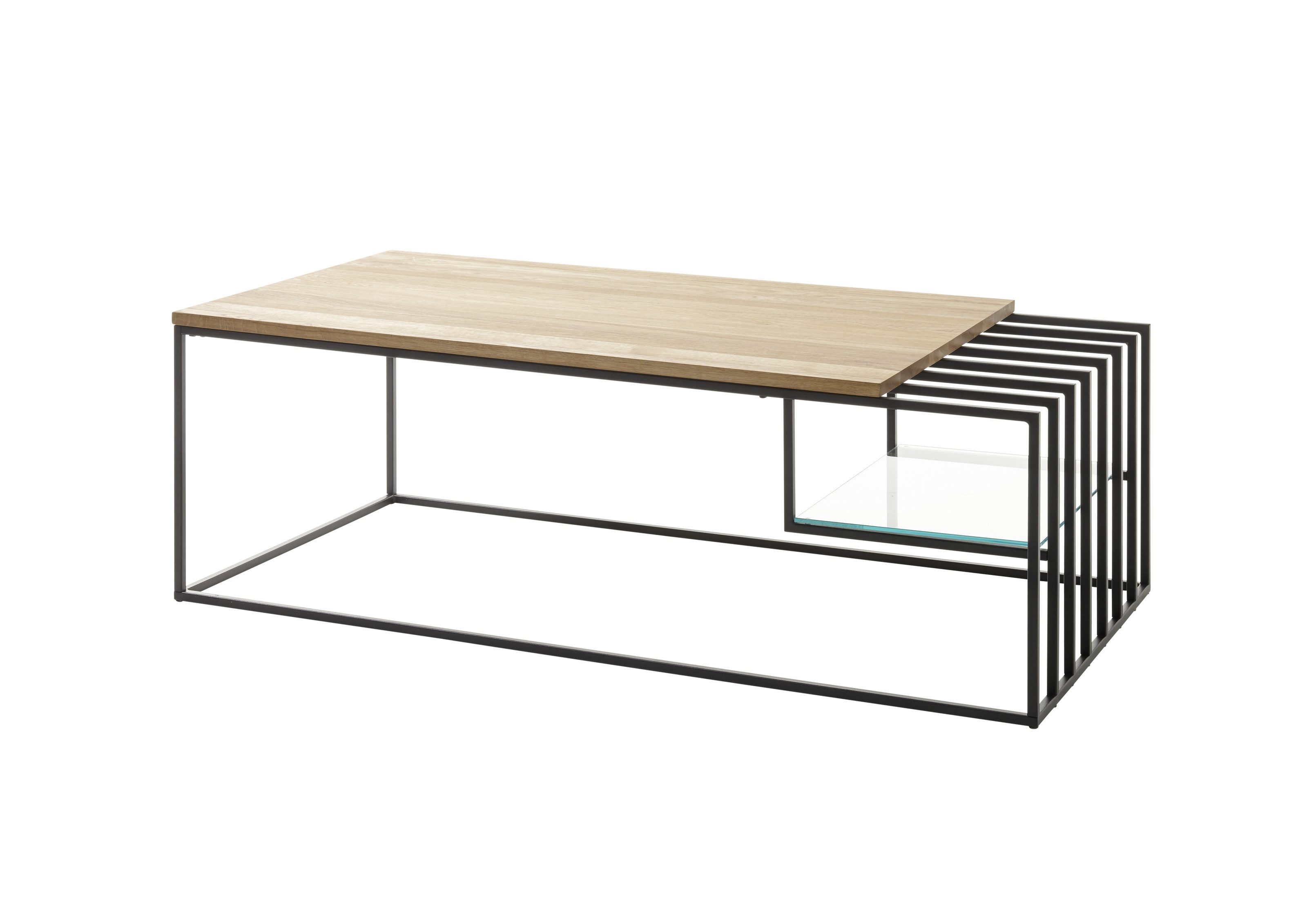 freiraum Couchtisch JUBA, in Eiche, Massivholz / Metall / Klarglas - 120x40x60cm (BxHxT)