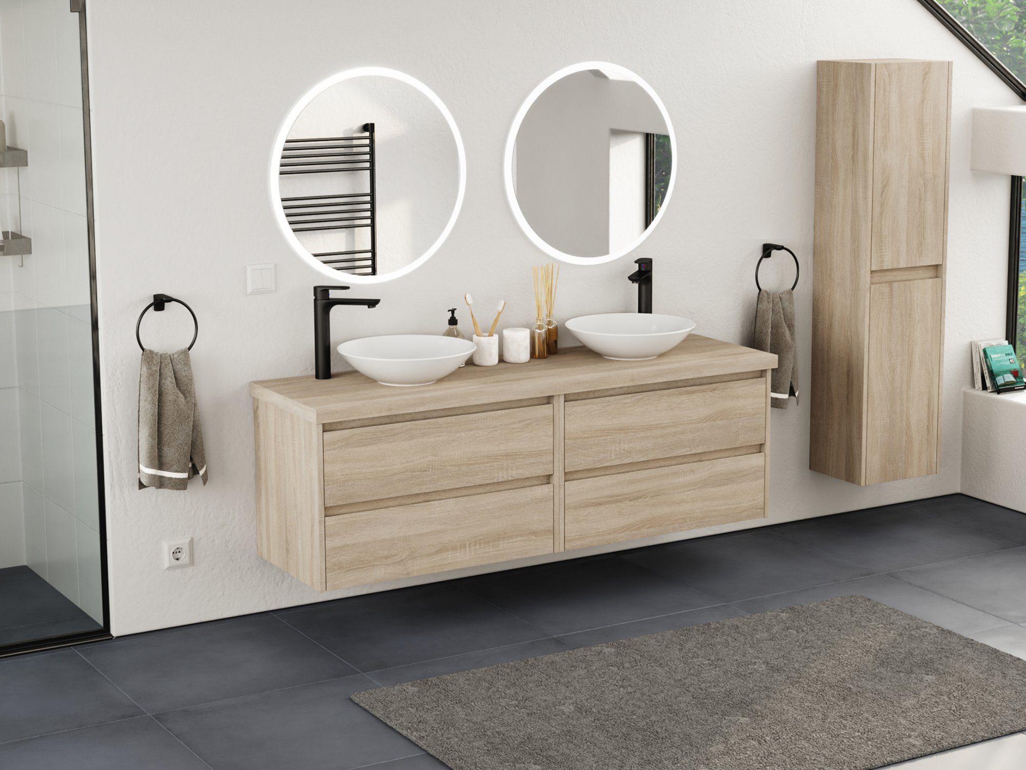 Aqua Bagno Aufsatzwaschbecken Keramik, rund, 40 cm, weiß, Umlaufend glasiert zur freien Positionierung auf der Trägerplatte