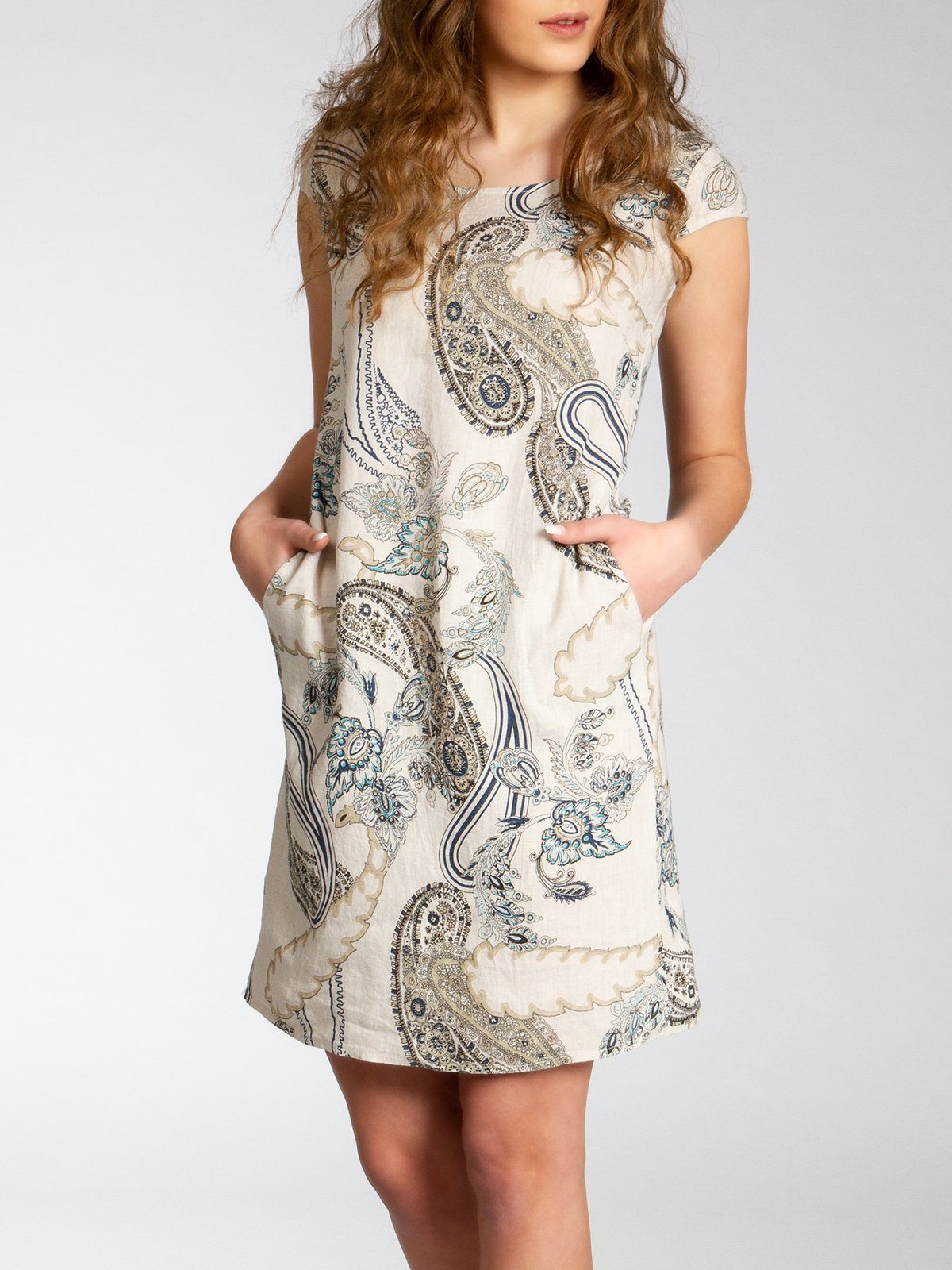 Caspar Sommerkleid SKL022 Damen Sommer Leinenkleid mit Paisley Print bis Größe 50 Luftig leicht, figurumspielende Form, mit seitlichem Jersey-Einsatz