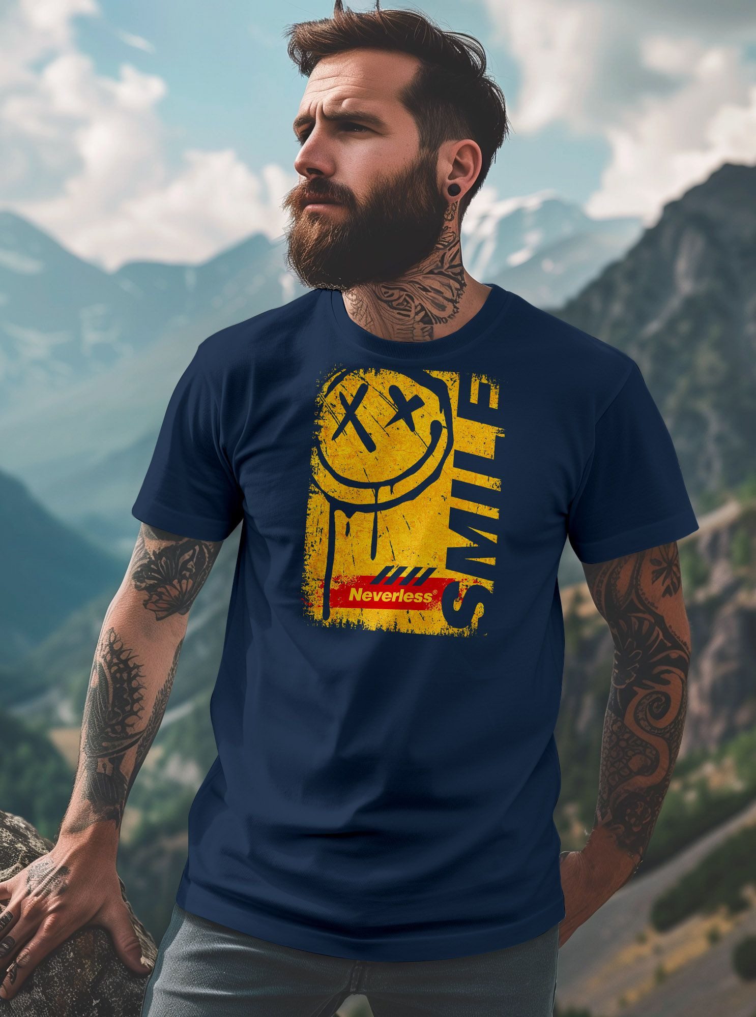 Neverless Print-Shirt Herren T-Shirt Printshirt Smile Graffiti Design Drippy Face Männer mit Print – Bild 3 von 4