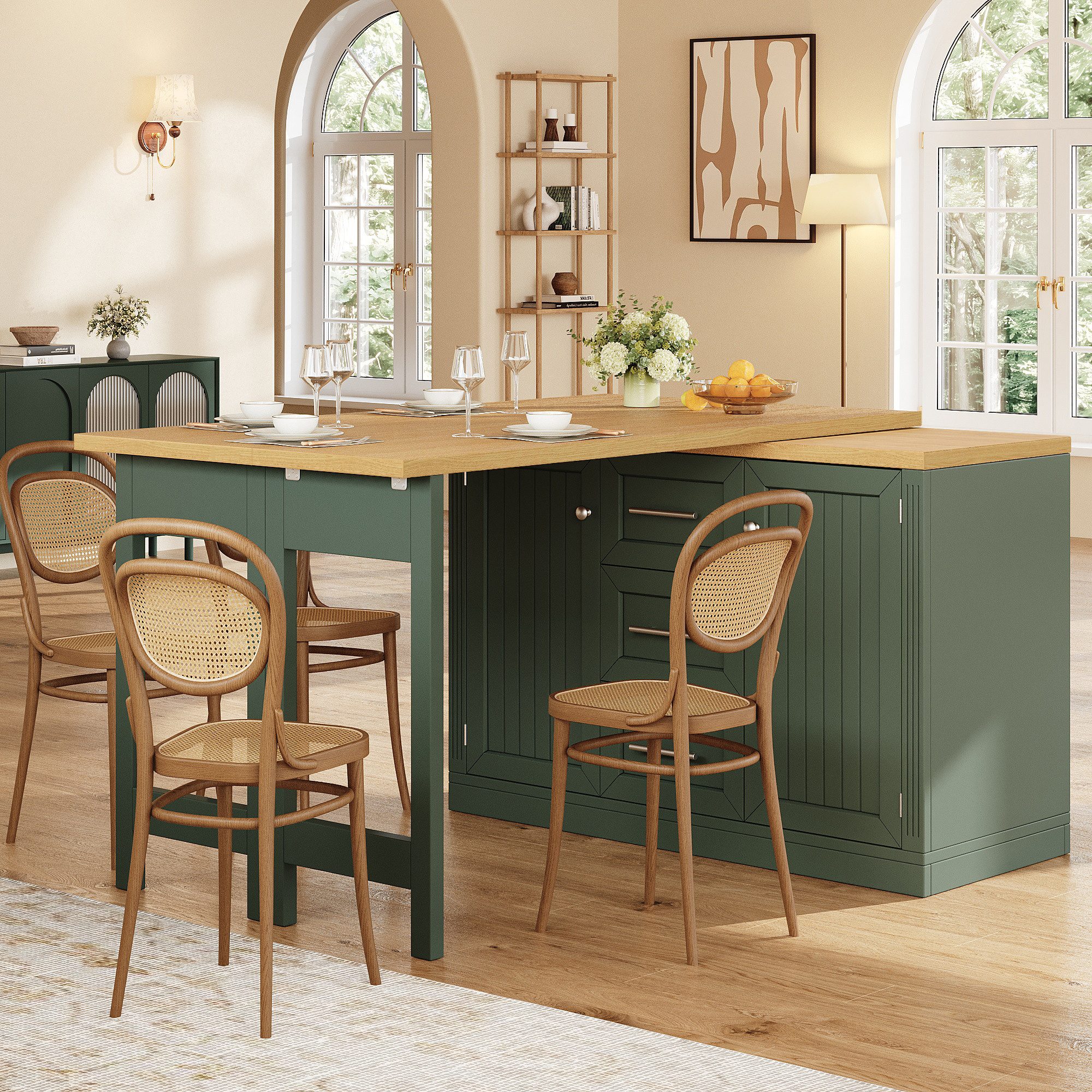 Flieks Kücheninsel Mehrzweckschrank mit 360° drehbarer und klappbarer Arbeitstisch, (Holzoptik Tischplatte Tiefe 40-80cm, Längenverstellbar 120-197cm), ausziehbarer Esstisch & Küchenschrank mit Schubladen&Snackregal Grün