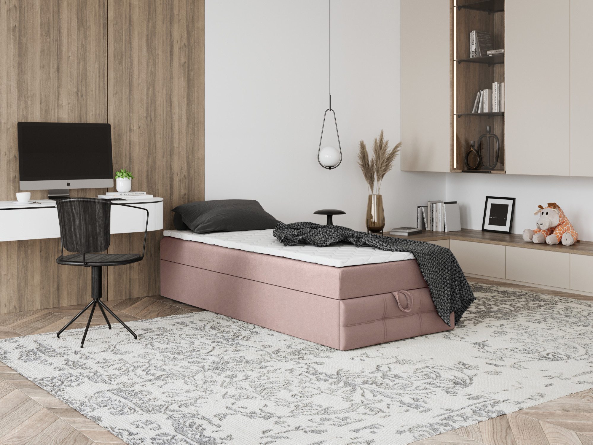 Godre Boxspringbett mit Bettkasten EWORA MINI 4 90x180 cm - Taschenfederkern Matratze (Bett + Matratze + Topper), Bett mit einem Kasten