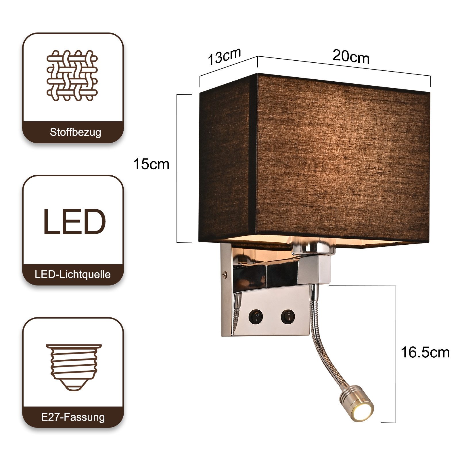 Nettlife Wandleuchte Wandlampe Schalter innen Bett Leuchten Stoff Schwenkbar Vintage E27, ohne Leuchtmittel, Warmweiß, E27 Leselampe