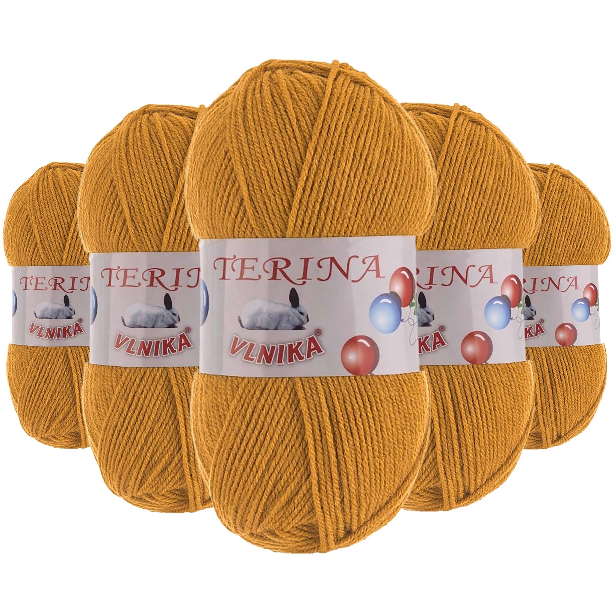 Kartopu 5 x 100g Terina Acrylgarn Klassikgarn Strickgarn Häkeln Schulgarn Häkelwolle, 300 m (Sparpaket mit 5 Knäulen, 5-St), senfbraun