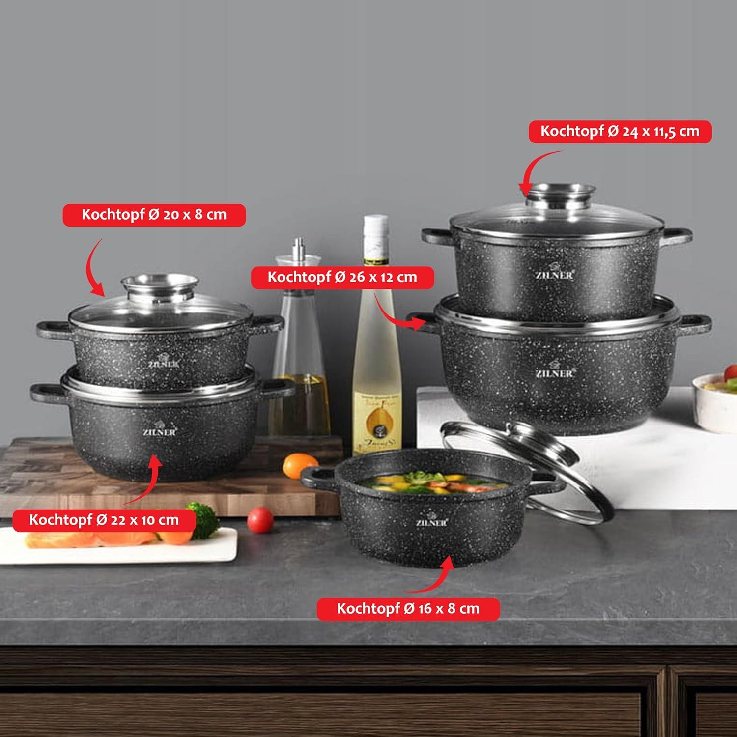 Zilner Topf-Set Schöne schwarze Töpfe in 5 verschiedenen Größen mit Steinbeschichtung, Aluminiumguss, Aluminium, Keramik, Edelstahl (Passt in jede Küche! 1.3L / – Bild 3 von 5