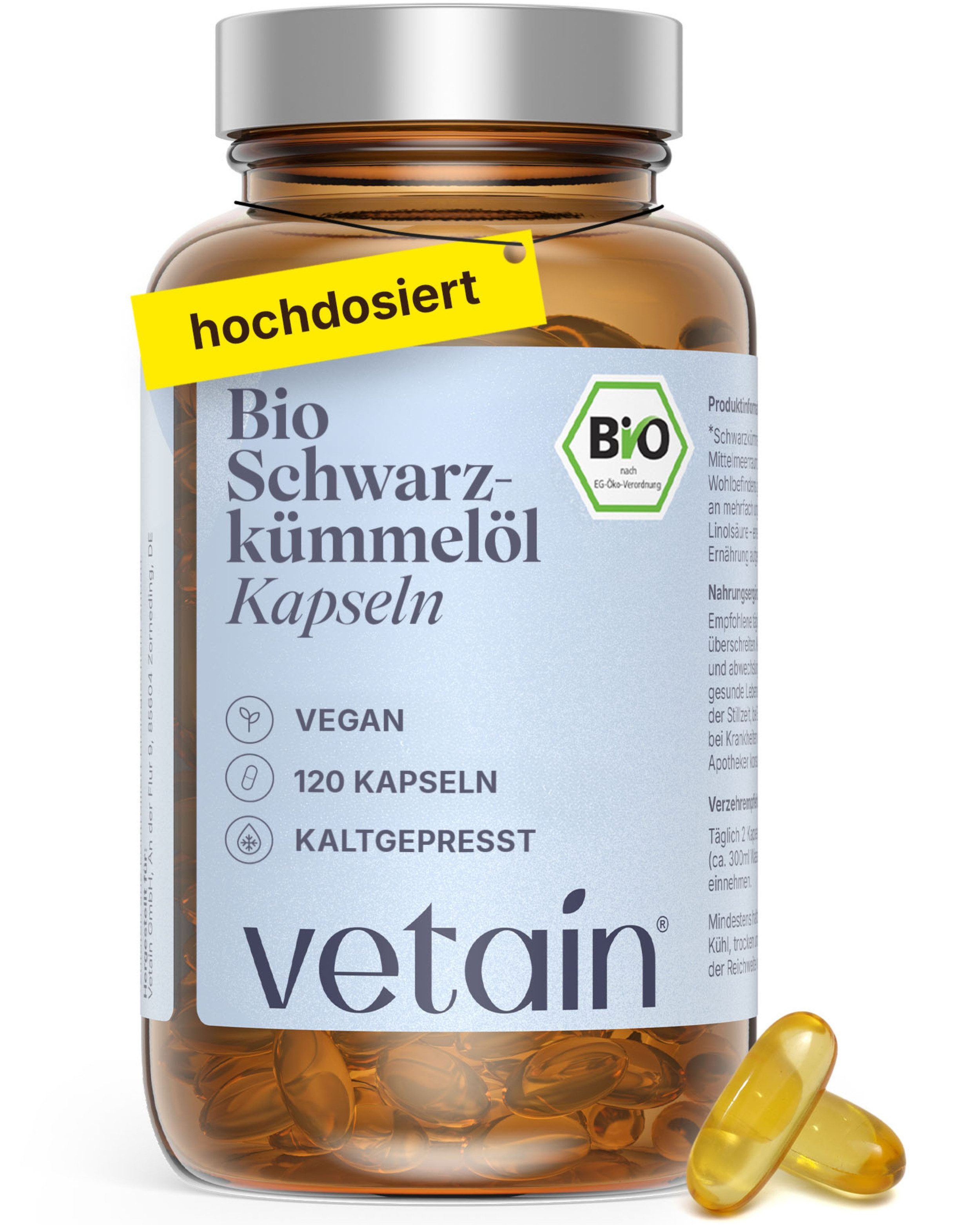 VETAIN Bio Schwarzkümmelöl kaltgepresst - original Nigella sativa - Kapseln, 120 St., 72 g, Rein pflanzlich, allergenfrei & ohne Zusätze