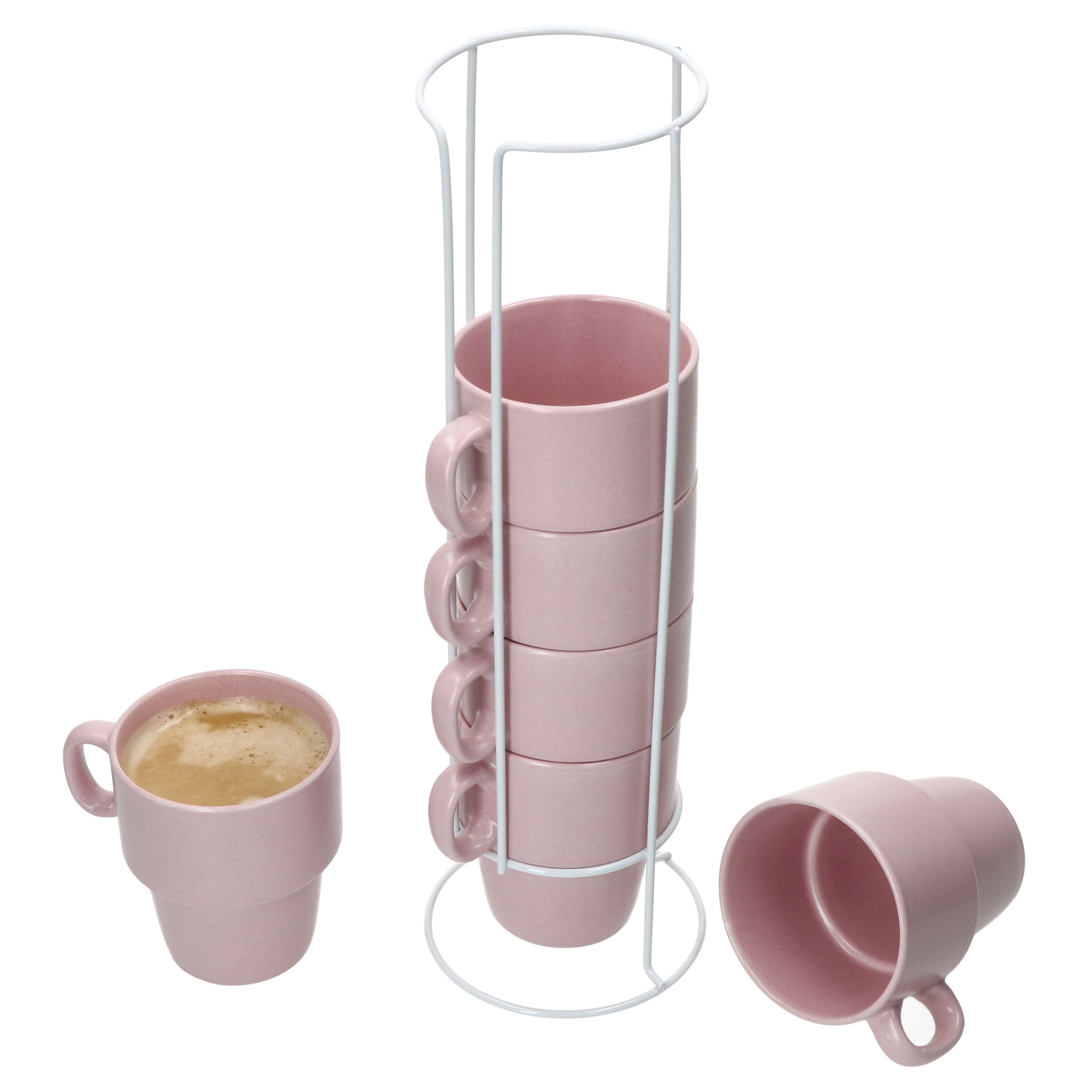 MamboCat Becher 6er Set Kaffeebecher stapelbar, Porzellan rosa mit 250ml Porzellan Stata Ständer