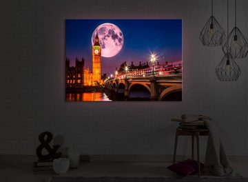 lightbox-multicolor LED-Bild Big Ben vor großen Mond in London front lighted / 60x40cm, Leuchtbild mit Fernbedienung