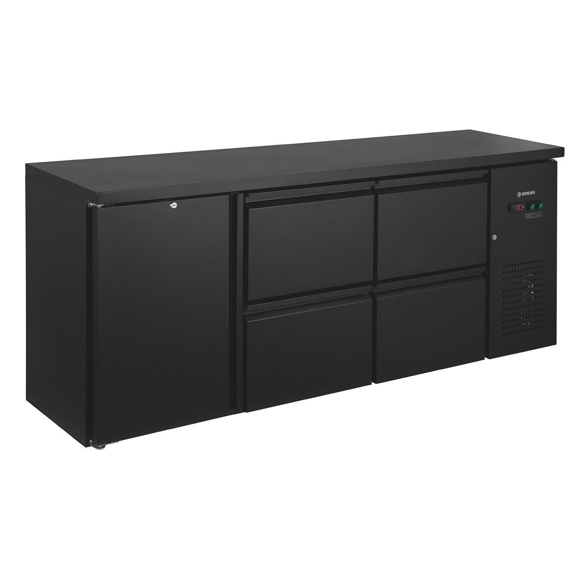 GastroHero Kühlschrank Kühlschrank Barkühltisch 1 Tür 4 Schubladen 200 cm Getränkekühlung BKT-ECO1/4, 86.8 cm hoch, 200.2 cm breit, LED-Innenbeleuchtung, Carel-Thermostat, Umluftkühlung