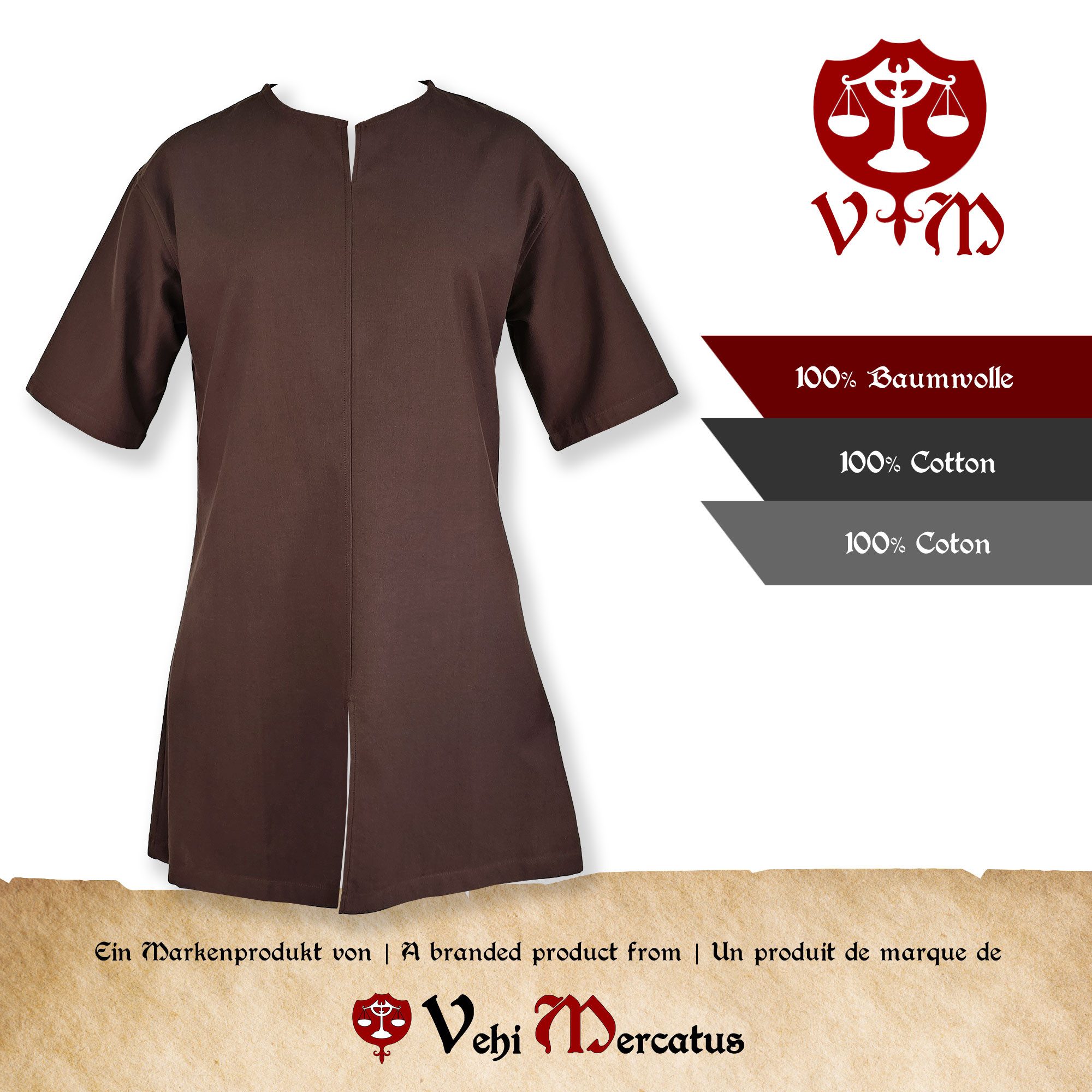 Vehi Mercatus Wikinger-Kostüm Schlichte Mittelalter Tunika kurzarm Braun "Njord"