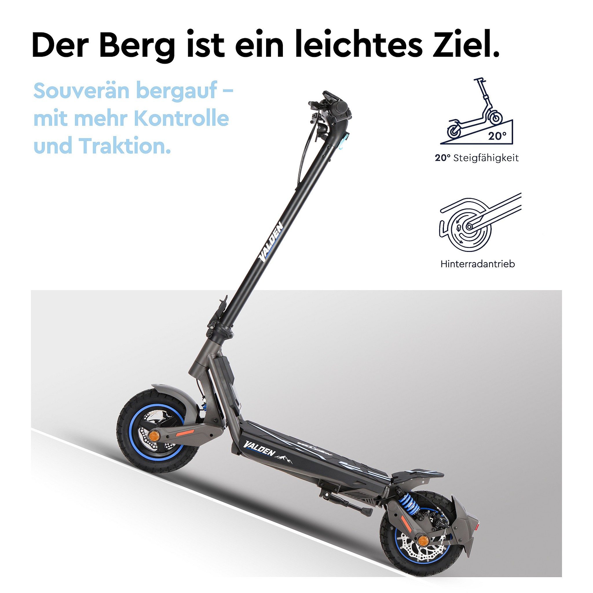 Valden E-Scooter GT mit Straßenzulassung 500 W 60 km Blinker pannensicher NFC Lock, 500 W, 20 km/h, 1000W Spitzenleistung, Vollfederung, 140 kg Tragkraft – Bild 5 von 5