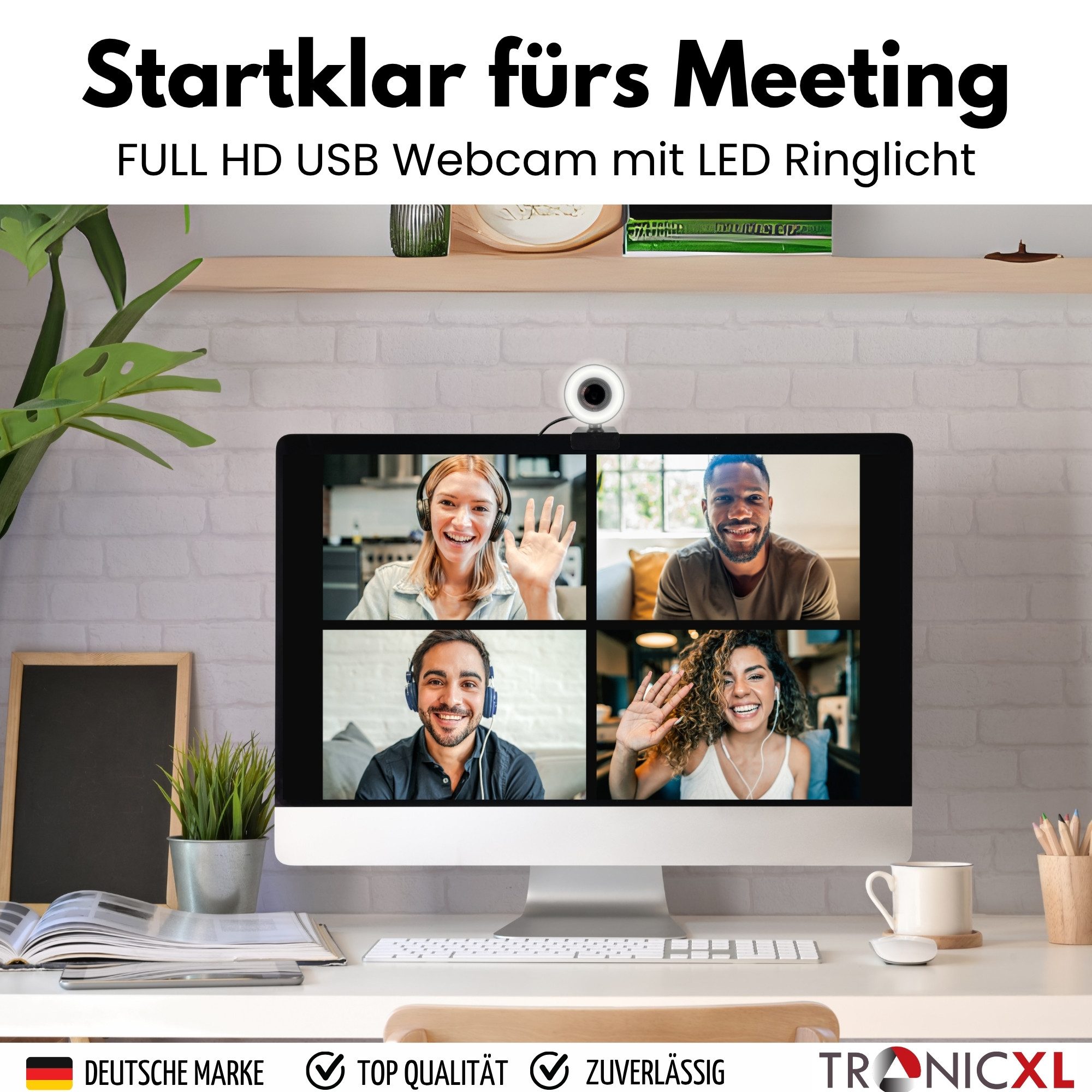 TronicXL Webcam mit Ringlicht Full HD Lampe USB PC Kamera Konferenz Streaming Full HD-Webcam (Full HD, Streamer Streaming Gamer Gaming Videokonferenz)