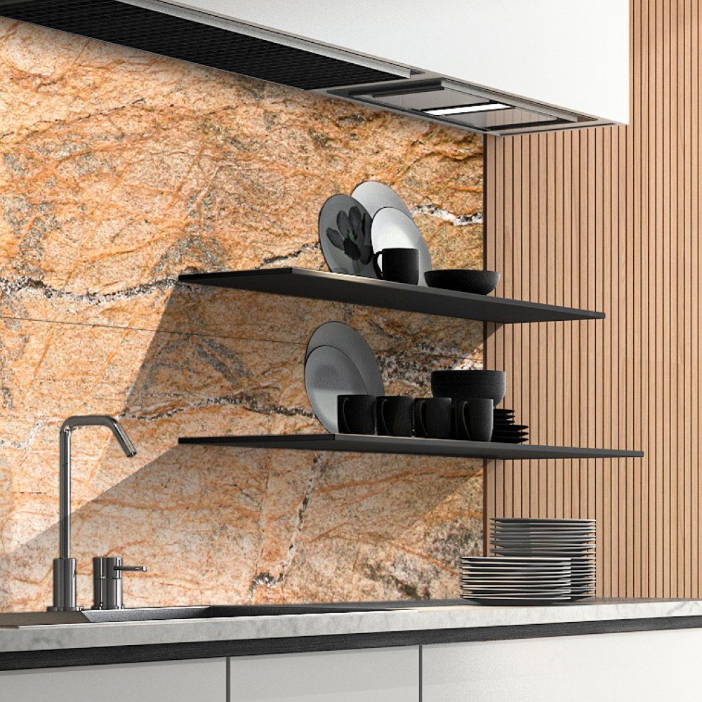 DRUCK-EXPERT Küchenrückwand Naturstein aus 100 % Echtstein - jede Platte ein Unikat Marmor Umbragold