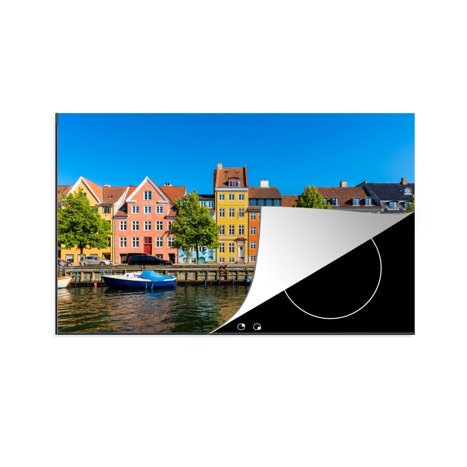 MuchoWow Herdblende-/Abdeckplatte Bunte Häuser in Dänemark, Vinyl, (1 tlg), 81x52 cm, Induktionskochfeld Schutz für die küche, Ceranfeldabdeckung