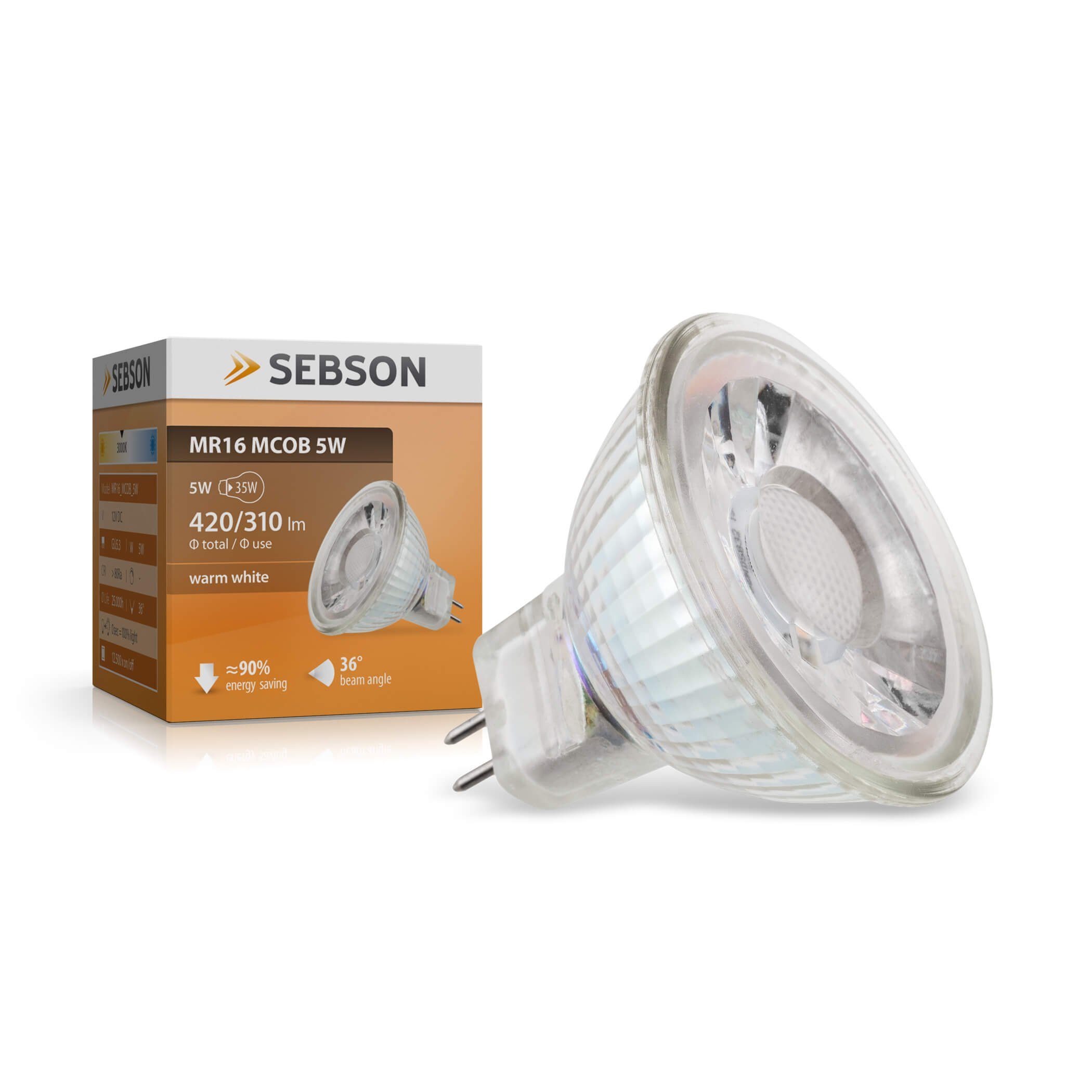 SEBSON LED-Leuchtmittel LED Lampe GU5.3/ MR16 warmweiss 5W 420lm Leuchtmittel Spot 36° 12V DC