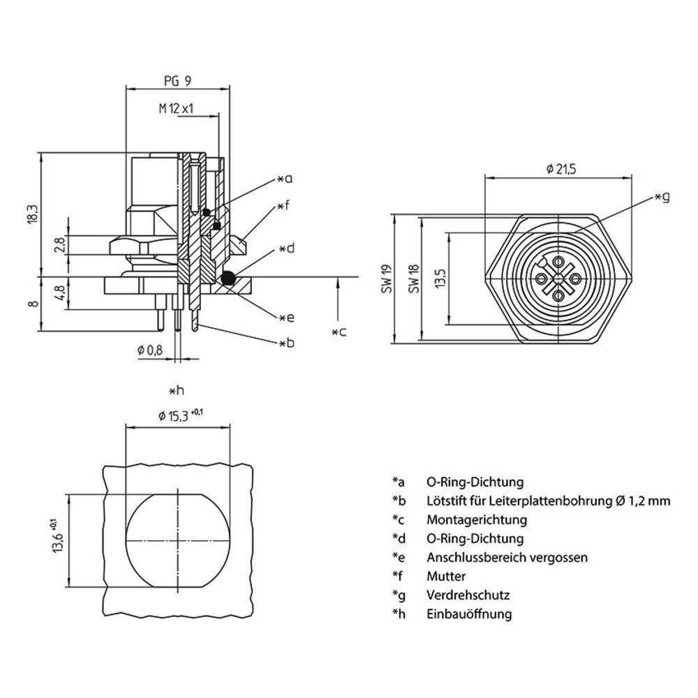Lutronic Steckdose Lutronic 1229 Sensor-/Aktor-Einbausteckverbinder M12 Buchse, Einbau P, 1221 05 T9CP