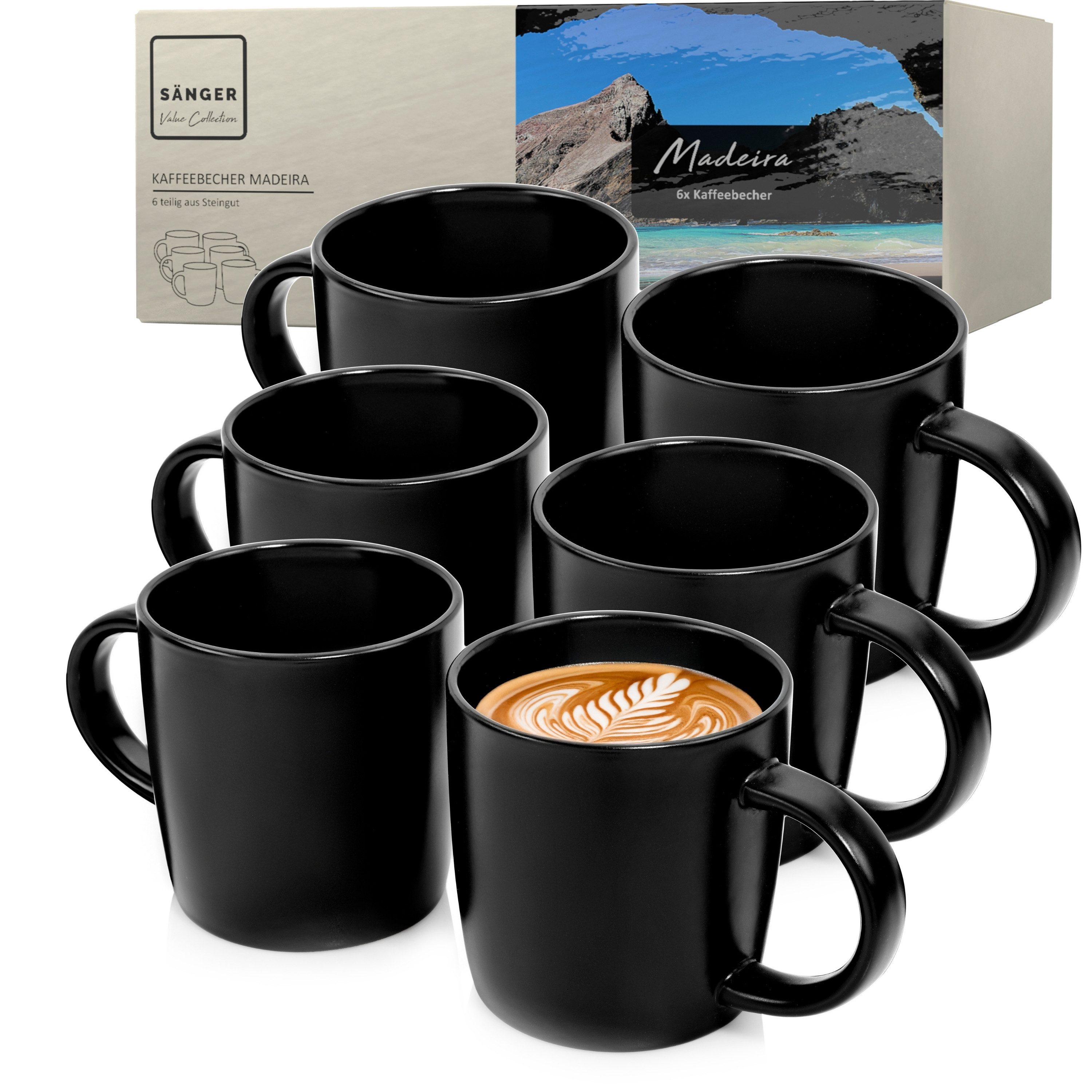 SÄNGER Becher Madeira Schwarz Matt, 6-tlg., Steingut, 6 tlg. Kaffeebecher Set, Handmade, VALUE COLLECTION