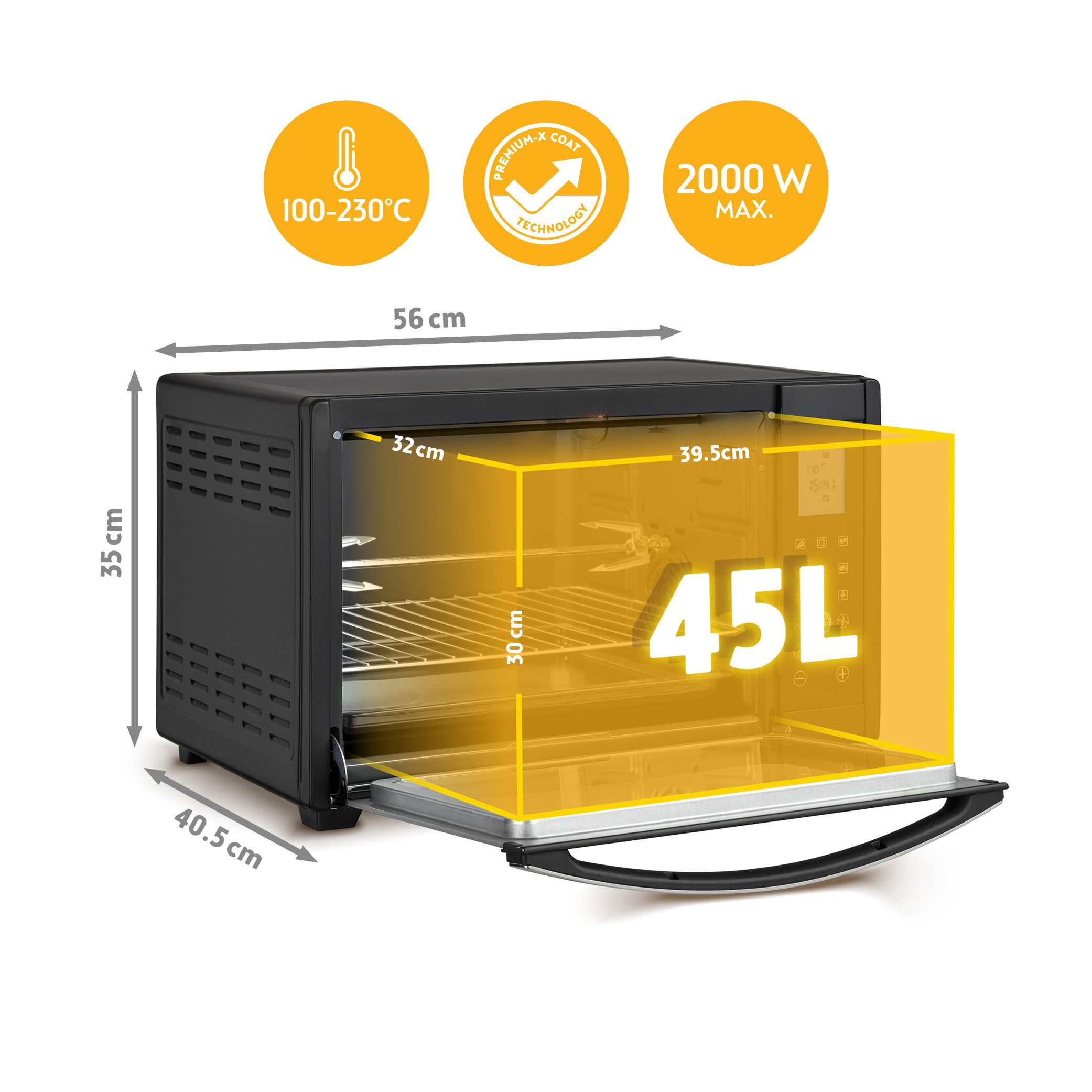 TZS FIRST AUSTRIA Minibackofen Digital 45L, 2000W, Antihaftbeschichtung,Temperaturregelung, Umluft, 40-230°C, 180 Min. Timer, Doppelverglasung, Drehspieß & Krümelblech