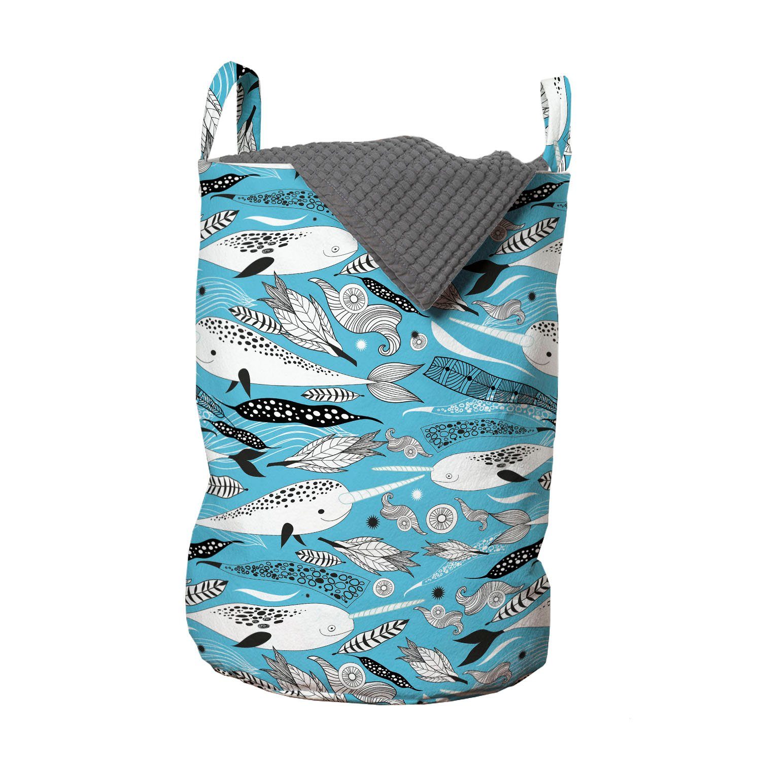 Abakuhaus Wäschesäckchen Wäschekorb mit Griffen Kordelzugverschluss für Waschsalons, Wale Einhorn Wale Algen Motive