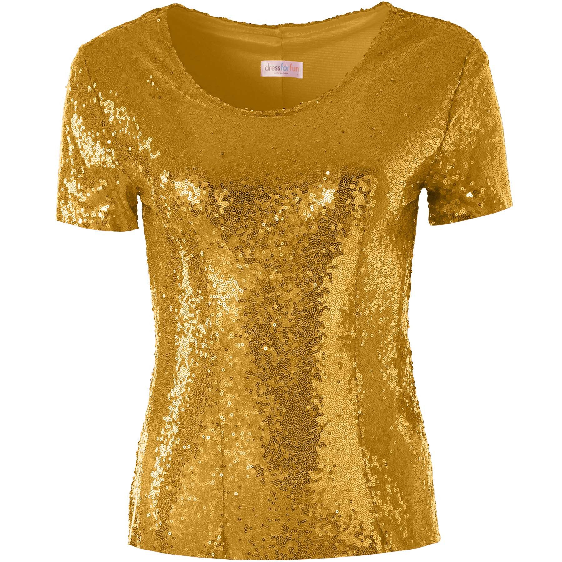 dressforfun T-Shirt Kurzarmtop, Damen-Shirt mit kurzen Ärmeln und Rundhalsausschnitt (Freizeitoberteil, Konfektionsgröße XL in gold) Vorn mit glänzenden Paillet – Bild 2 von 5