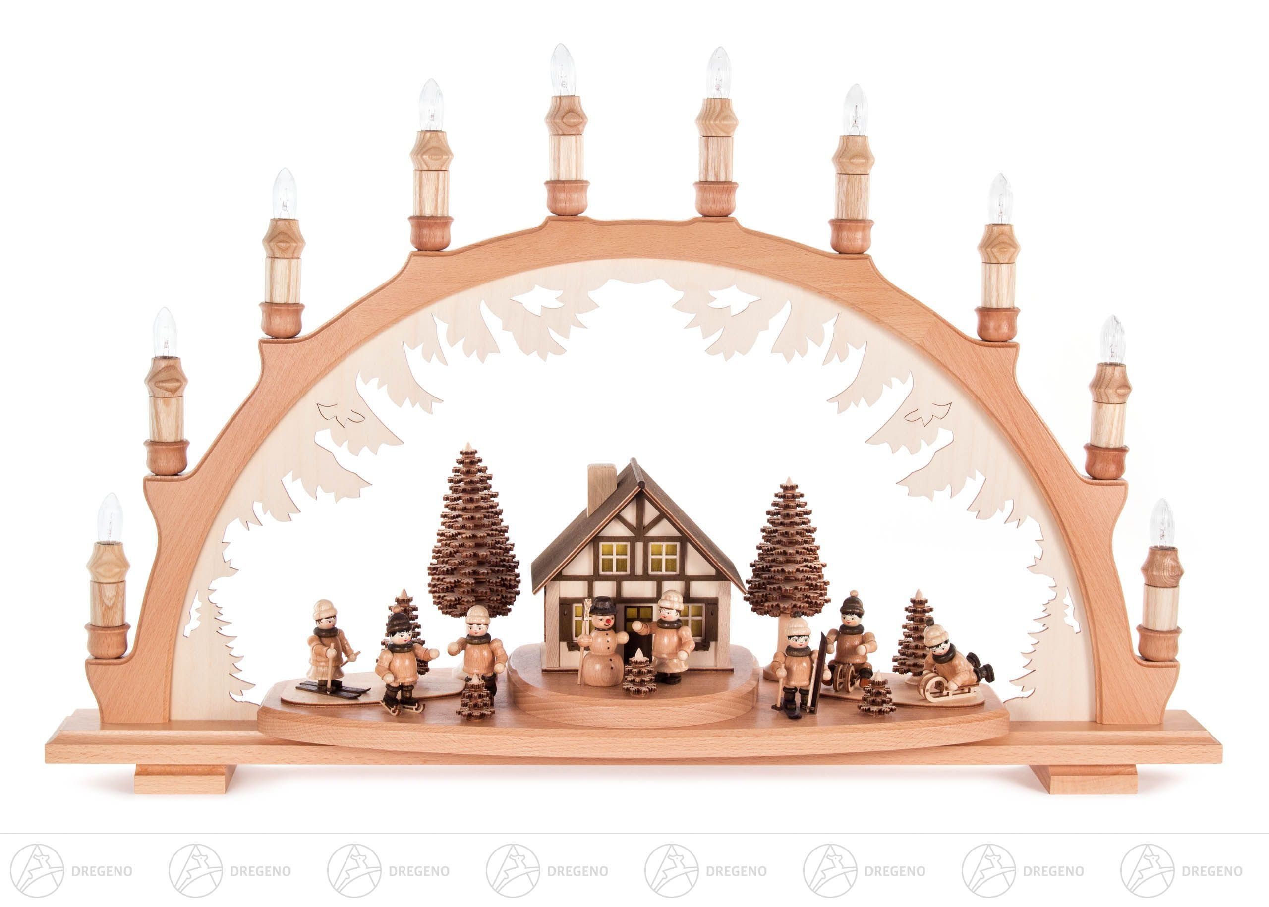 Lichterbogen Schwibbogen mit Haus und Winterkindern, elektrisch beleuchtet