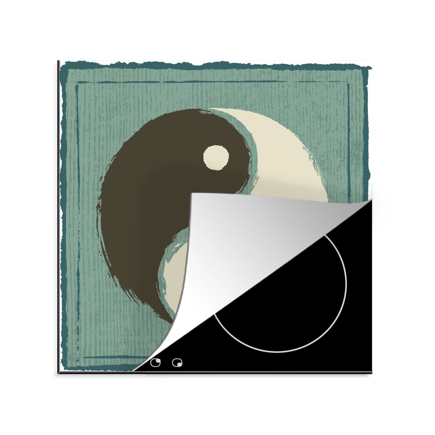 MuchoWow Herdblende-/Abdeckplatte Eine Illustration von Yin und Yang vor einem blauen Hintergrund, Vinyl, (1 tlg), 78x78 cm, Ceranfeldabdeckung, Arbeitsplatte für küche