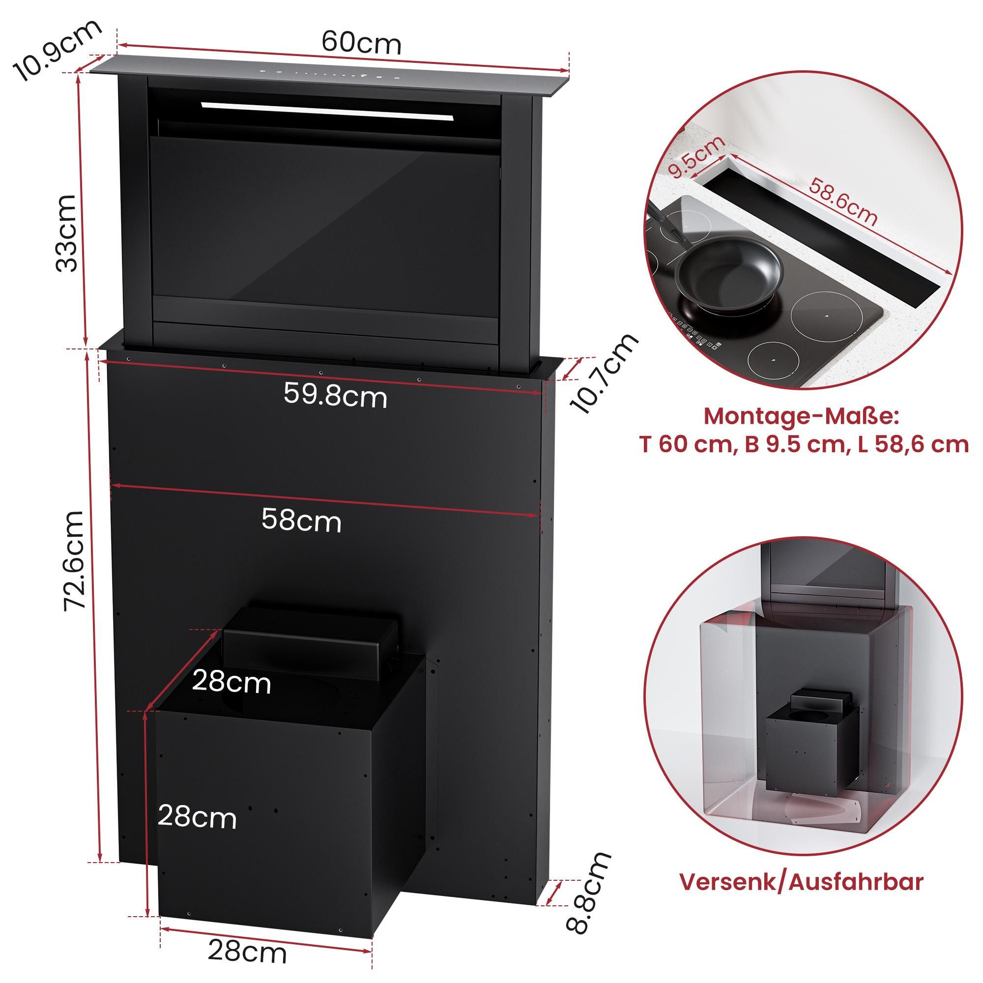 Levivo Kochfeldabzug A++ Dunstabzugshaube 60cm und 90cm Umluft & Abluft mit 600 m³/h Aktivkohlefiltern, Fettfiltern, LED-Beleuchtung – Bild 5 von 5