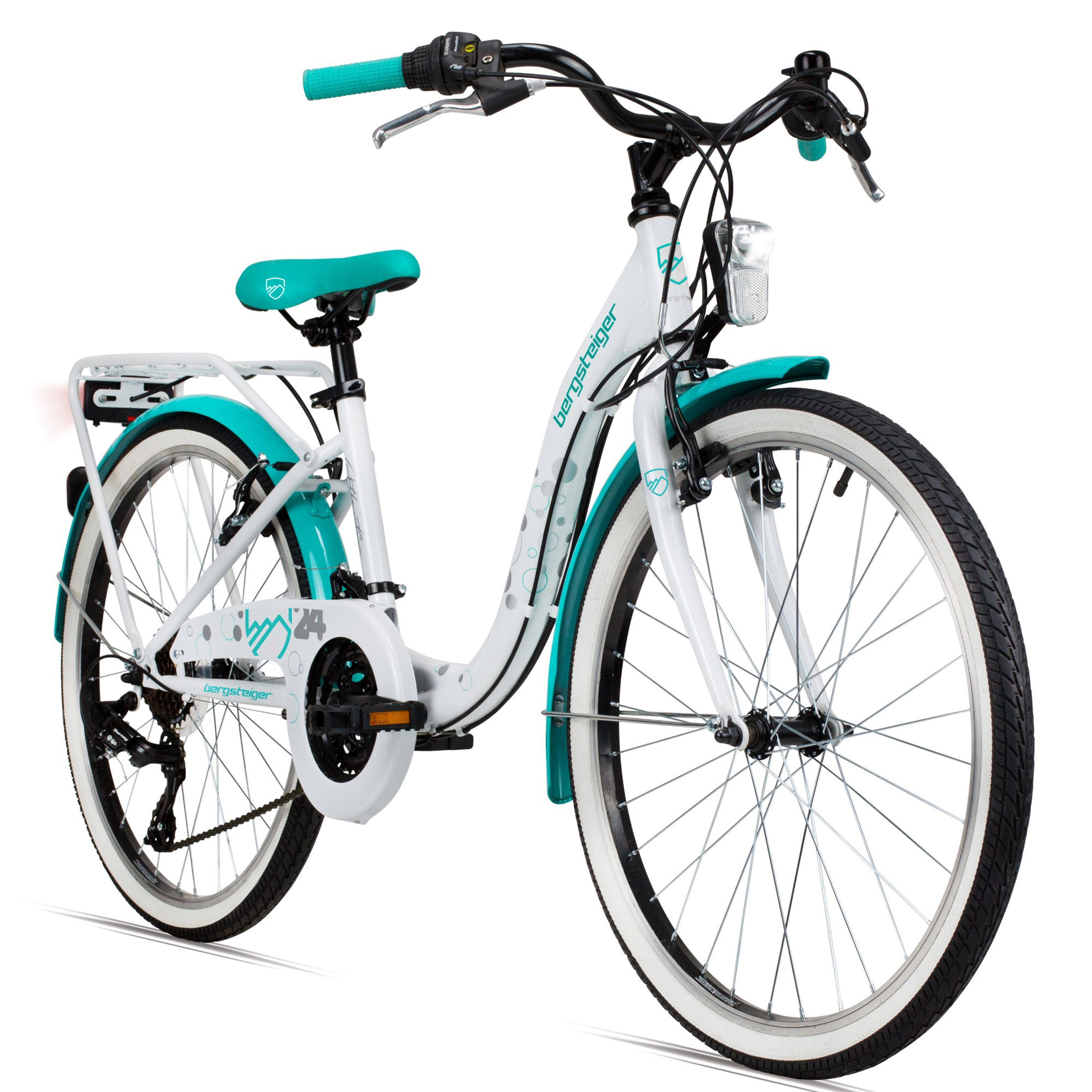 bergsteiger Kinderfahrrad Atlantis 20, 24 Zoll Mädchenfahrrad, 6 - 11 Jahre, StVZO, 18 Gang Shimano Tourney RD-TY300 Schaltwerk, Kettenschaltung, V-Bremse
