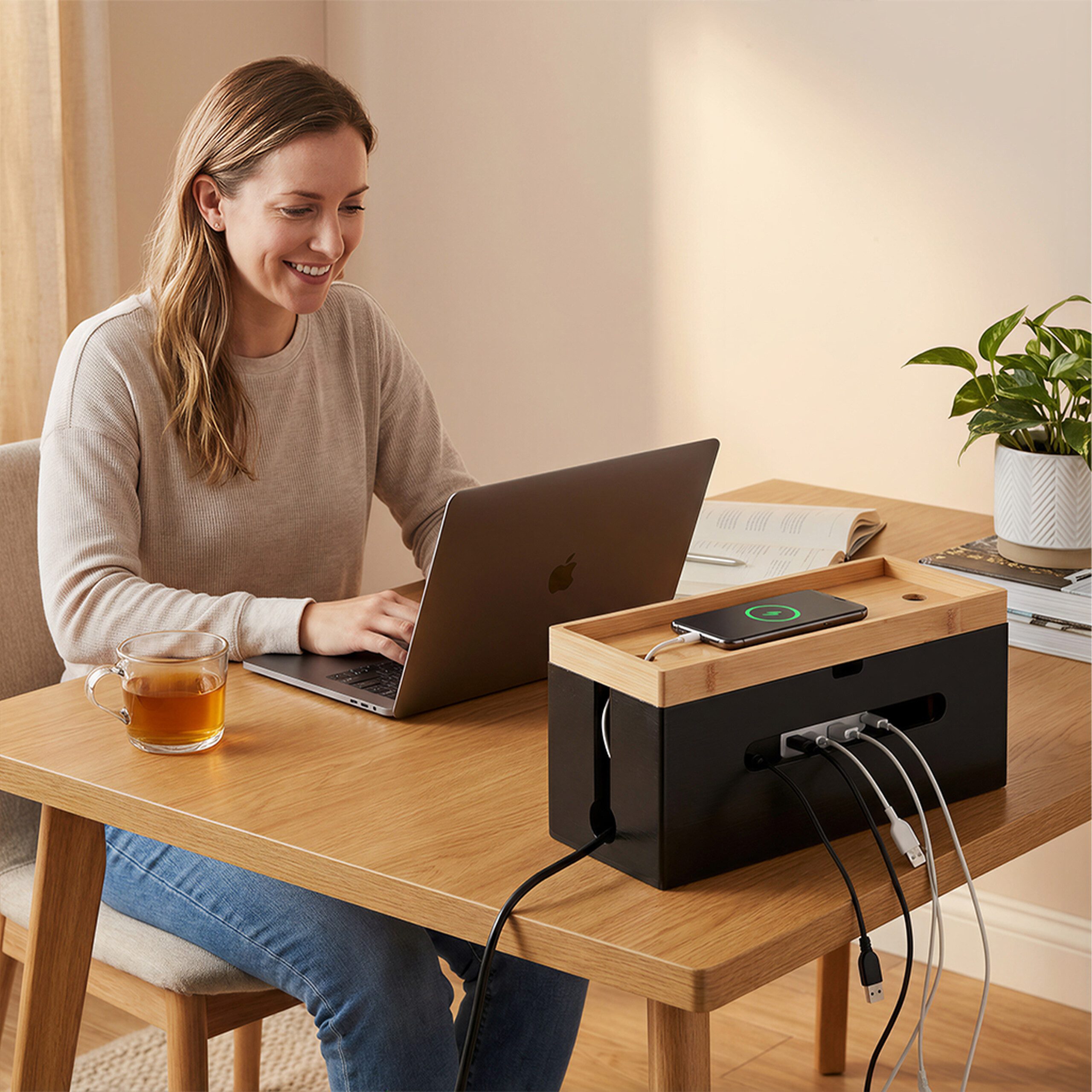 relaxdays Kabelbox aus Bambus, Natur-Schwarz