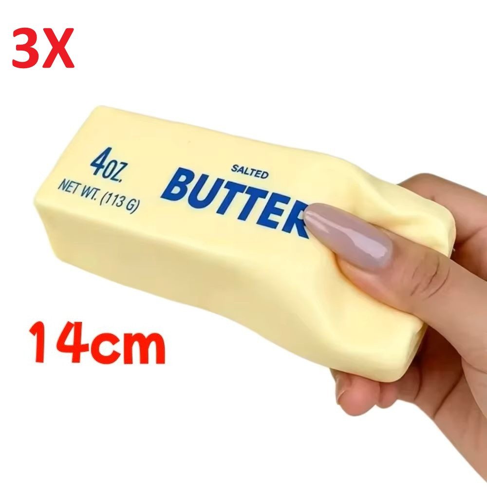 OLi Therapieknete Squishy Butter – Weiche dehnbare Knetmasse (113 G) (weicher Slow Rising Squishy im lustigen Butter-Design, 3-tlg., L-13,3cm / B-3,5cm), Anti-Stress, Spielspaß für Kinder & Erwachsene