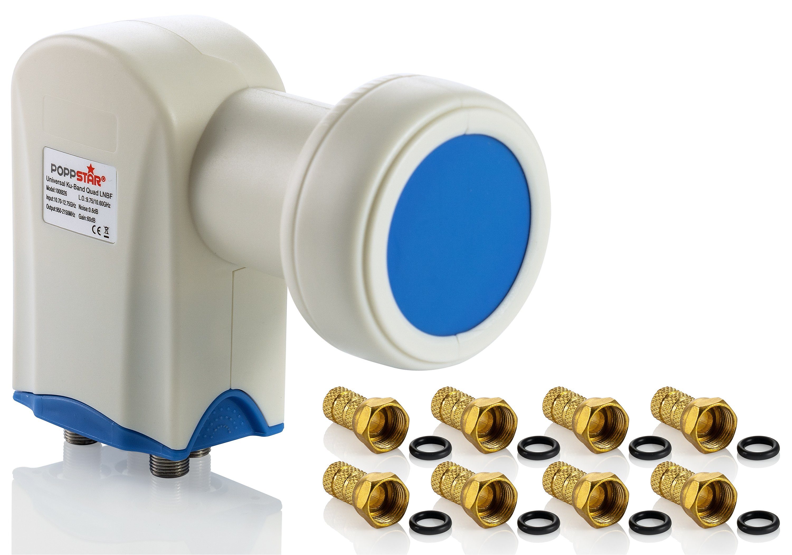 Poppstar 4-Fach Lnb LNC Set mit 8x F-Steckern Universal-Quad-LNB (für 4 Teilnehmer, - Kabel, Sat, Satelliten-Schüssel (digital 4K Full HD 4k UHD 3D TV)