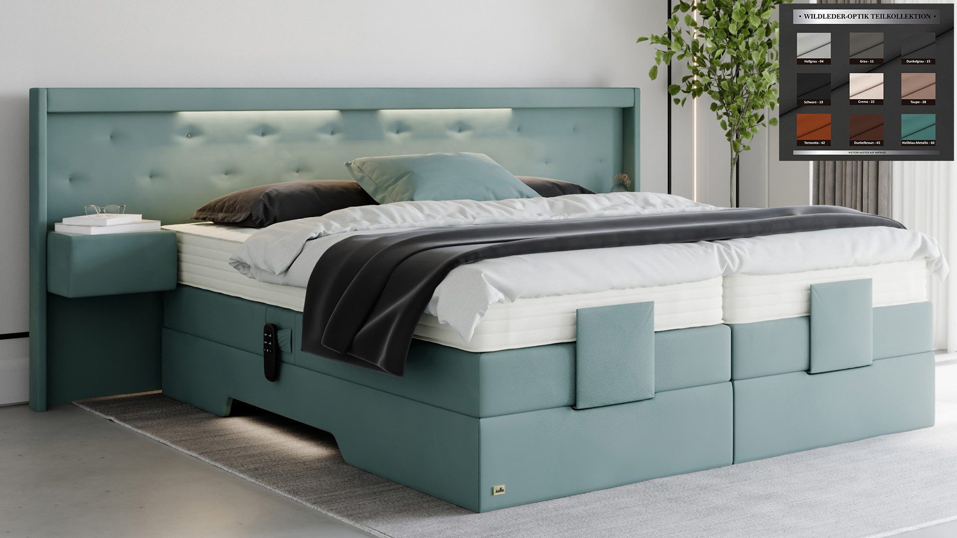 PAARA Boxspringbett mit Nachttisch elektrisch verstellbar LED Modell Paris, mit einzigartigem Belüftungssystem