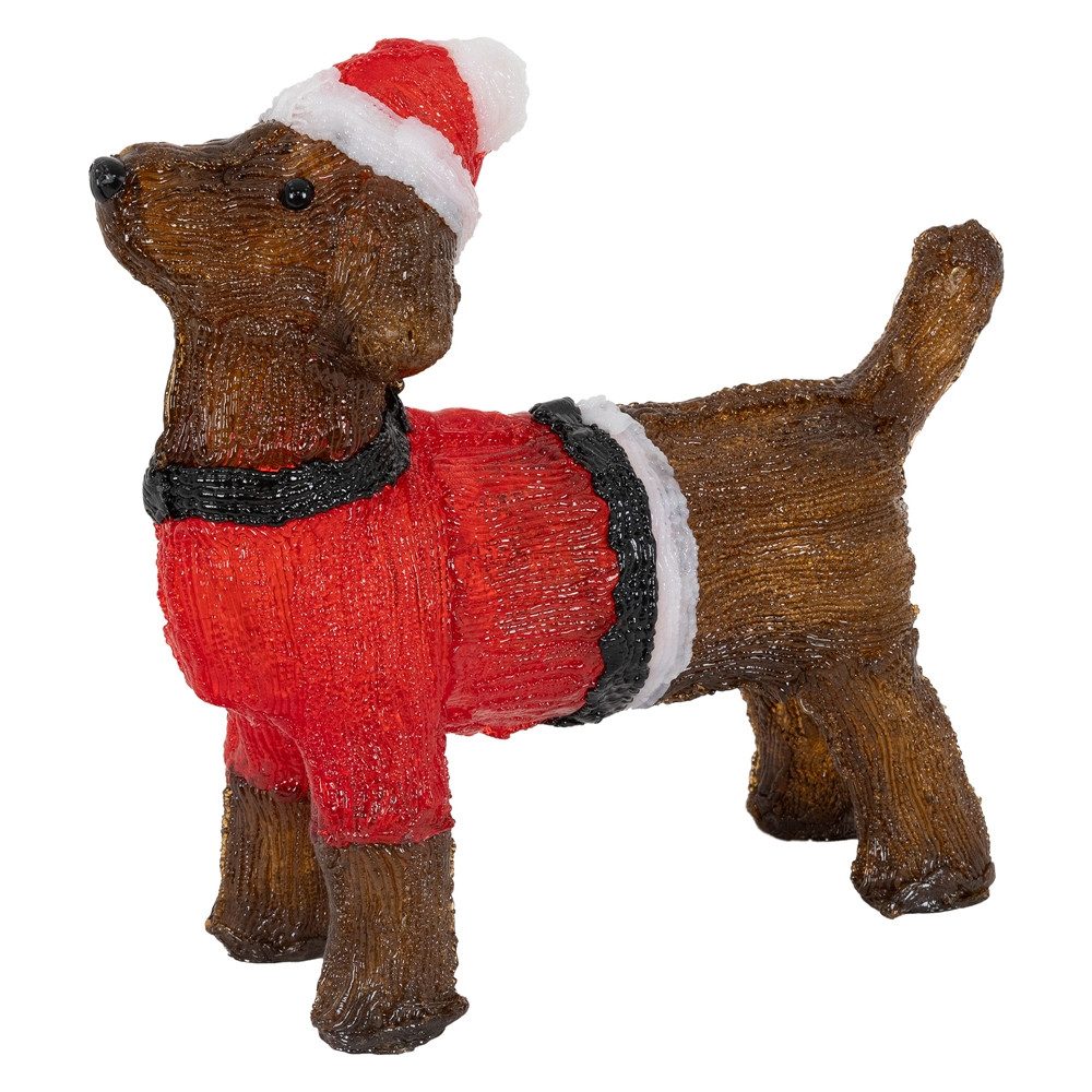 ECD Germany Weihnachtsfigur LED Weihnachten Hund Dackel Gartenfigur Hundefigur Weihnachtsfigur, Acryl mit Mütze & Pullover 37x34cm 40 warmweißen LEDs IP44 Innen-Außen