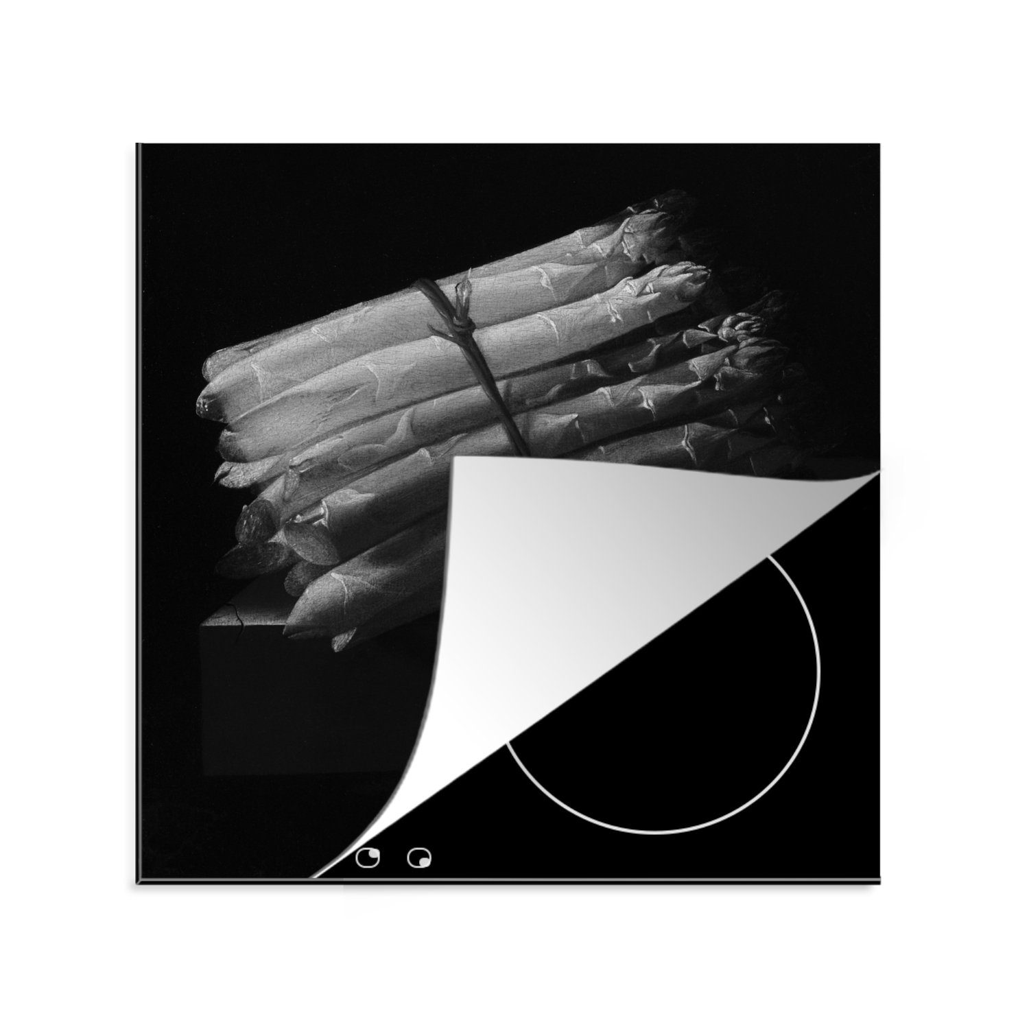 MuchoWow Herdblende-/Abdeckplatte Stilleben mit Spargel - Gemälde von Adriaen Coorte in schwarz-weiß., Vinyl, (1 tlg), 78x78 cm, Ceranfeldabdeckung, Arbeitsplatte für küche
