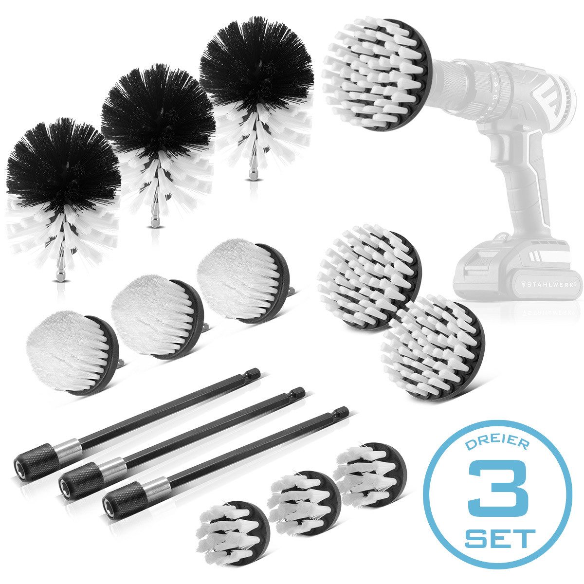 STAHLWERK Autowaschbürste Reinigungsbürsten Aufsatz 15er Set für Akkuschrauber und Bohrmaschinen, (Set, 5-tlg., Set), schneller Wechsel der Aufsätze