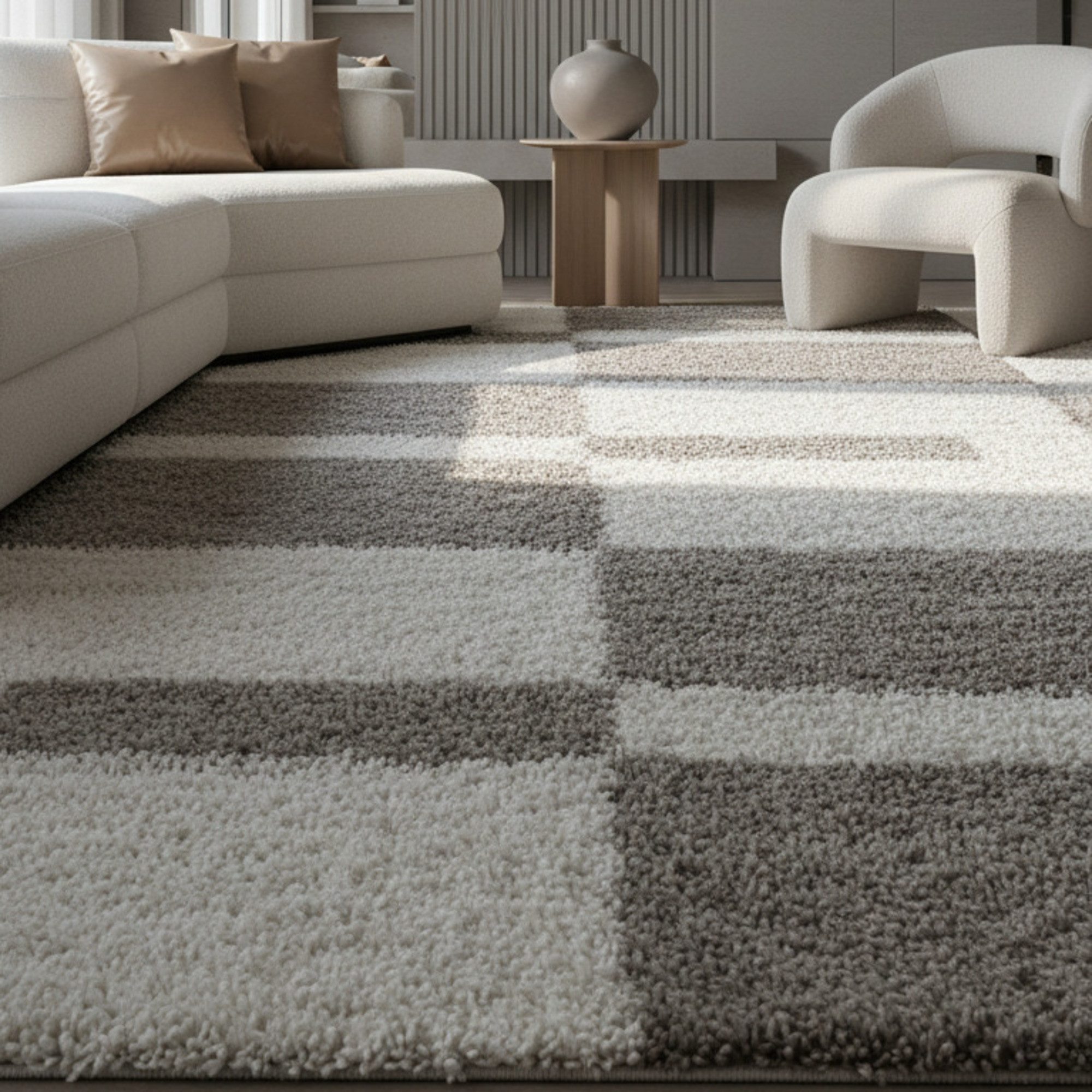 KADIMA DESIGN Teppich WERFEN Shaggy Langflor Wohnzimmer Schlafzimmer Waschbar Kariert, Läufer, Höhe: 32 mm, Beige, 60x110 cm, Wohnzimmerteppich Esszimmer Strapazierfähig Waschbar