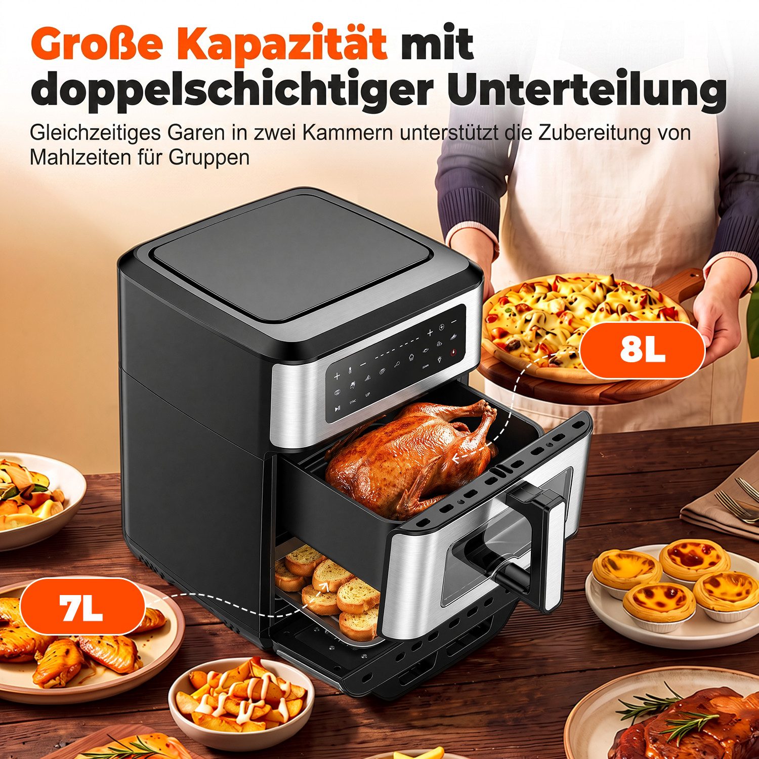oyajia Heißluftfritteuse 2 Kammern Airfryer mit Pizzaprogramme, 9 voreingestellte Programme,Touchdisplay, Sichtfenster, Unabhängige Temperaturregelung, 2800,00  – Bild 4 von 5