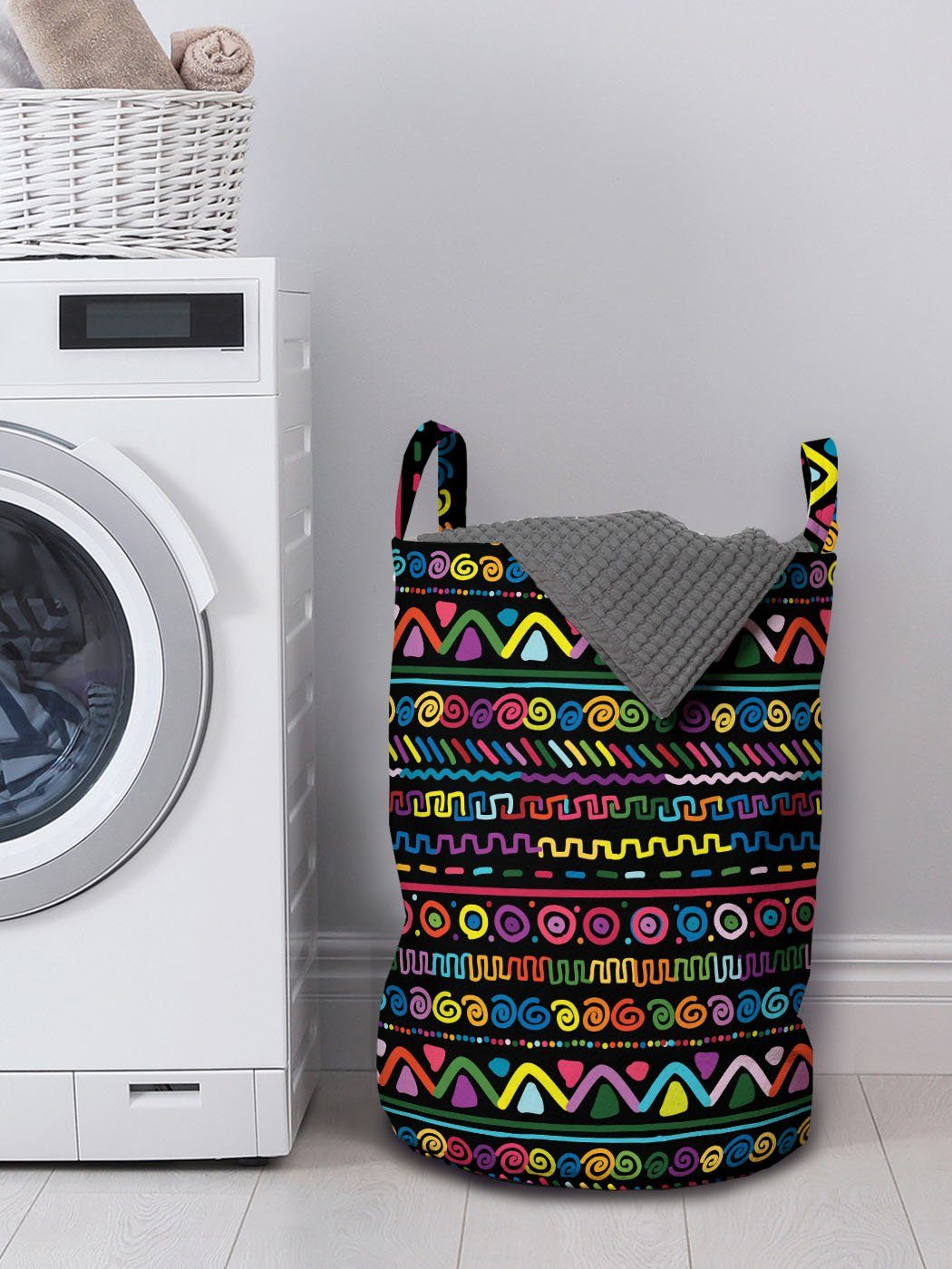 Kunst Waschsalons, gezeichnet Kordelzugverschluss Bunt Abakuhaus Hand Wäschesäckchen mit Griffen für Wäschekorb