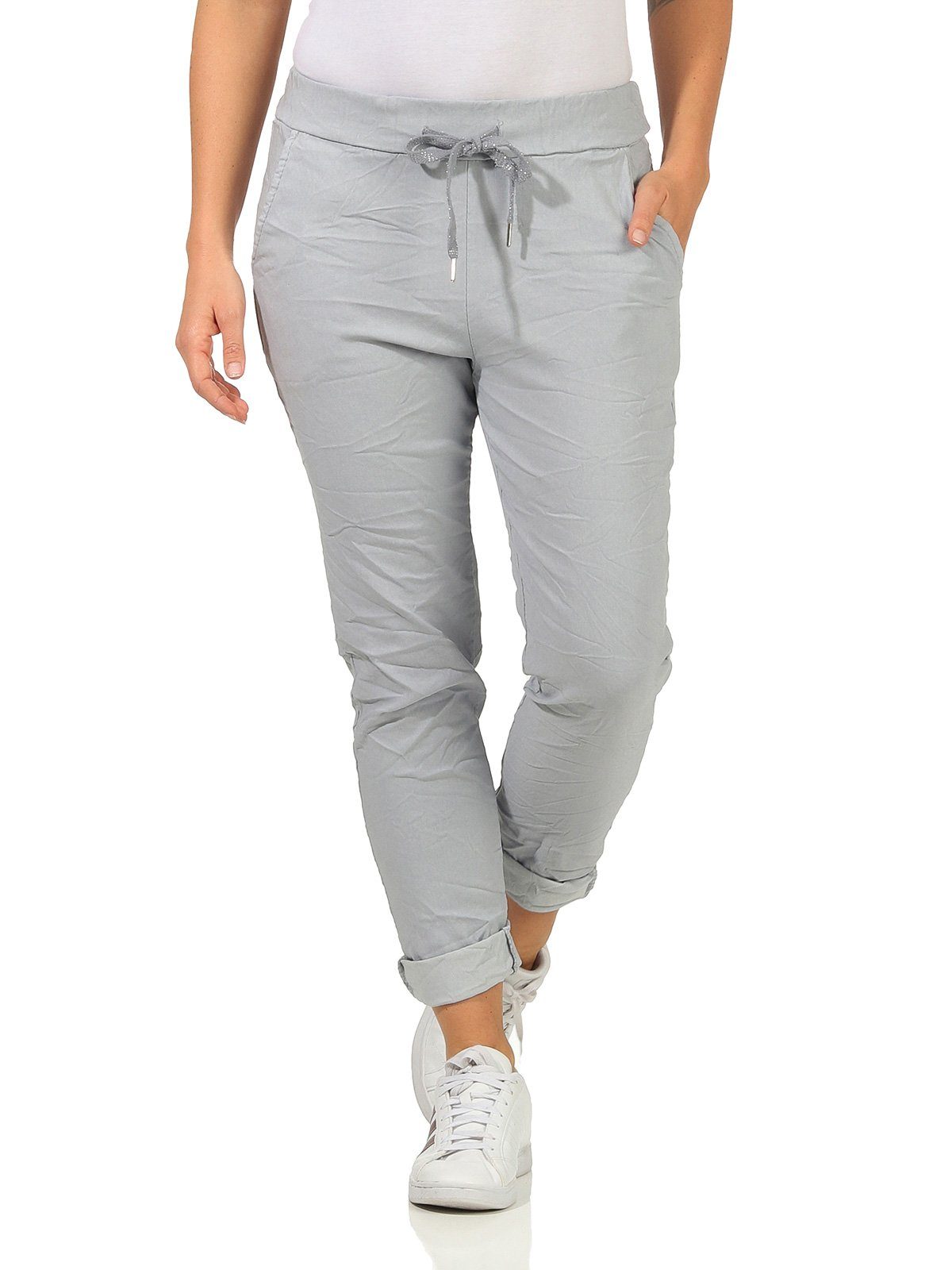 Schlupfhose (1-tlg) Basic mit Bund für Aurela Chinohose Hellgrau Damenmode Kordelzug, Damen elastischem mit Freizeithose angenehme Schlupfhose