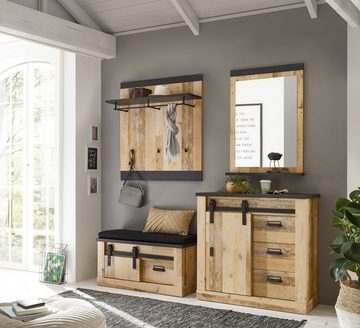 Furn.Design Garderoben-Set Stove, (Flurgarderobe 5-teilig in Used Wood hell, ca. 206 x 201 cm), inklusive Sitzkissen, Soft-Close-Funktion