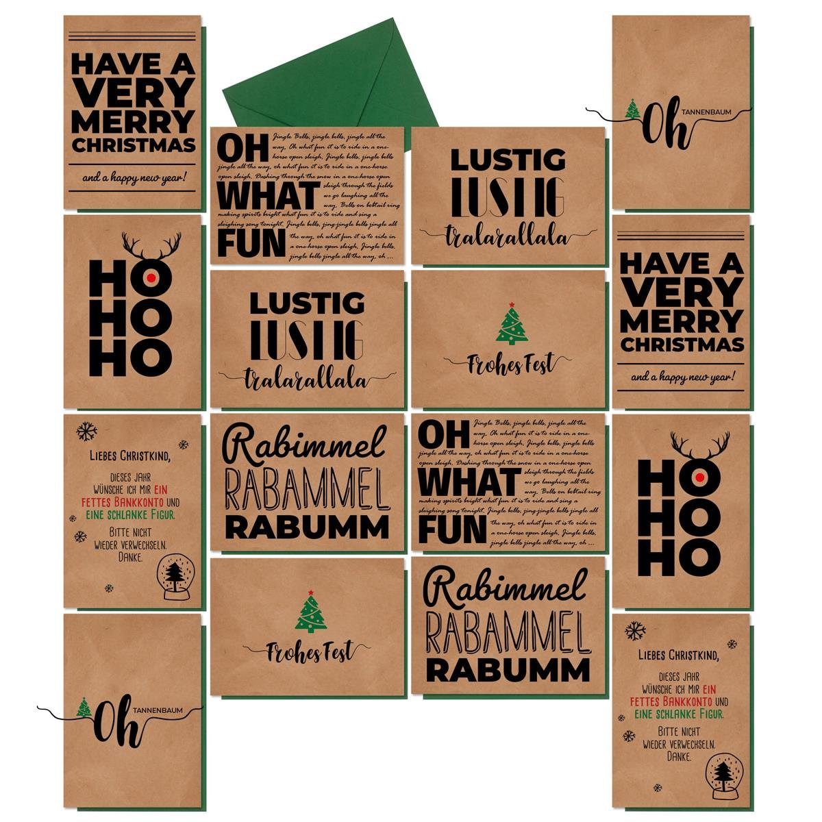 bigdaygraphix Weihnachtskarte 16 Weihnachtskarten im Set mit Umschlägen - im Hygge Stil, 16 Postkarten mit Grünen Umschlägen