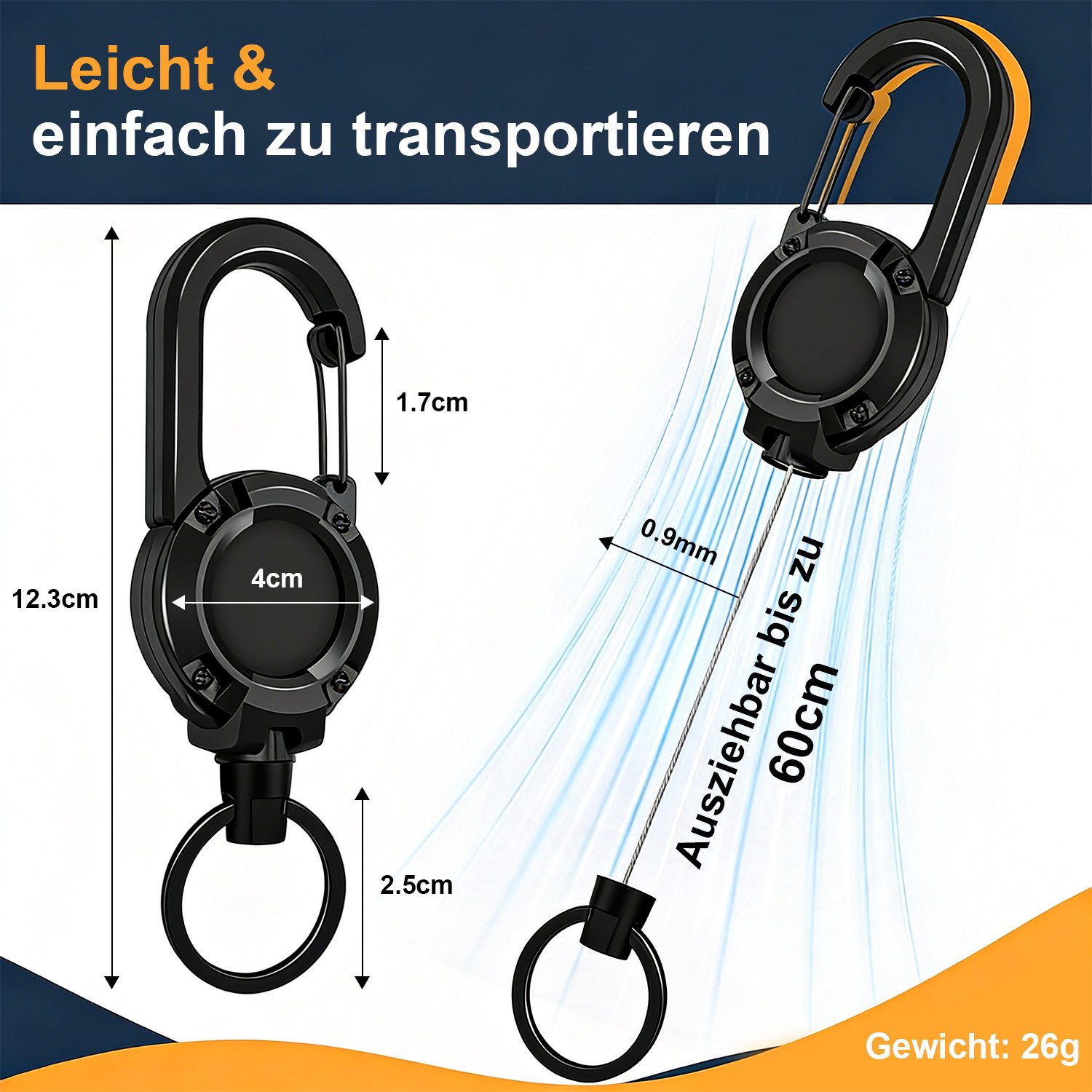 HEYHIPPO Schlüsselanhänger Multitool Karabiner – ausziehbarer Schlüsselanhänger & Badgehalter (Set, ausziehbare Schlüsselhalter mit Kordel– für Ausweise & Schlüssel), Ausziehbarer Schlüsselhalter (10 Stk)mit Stahlseil 60cm,200g Zugkraft
