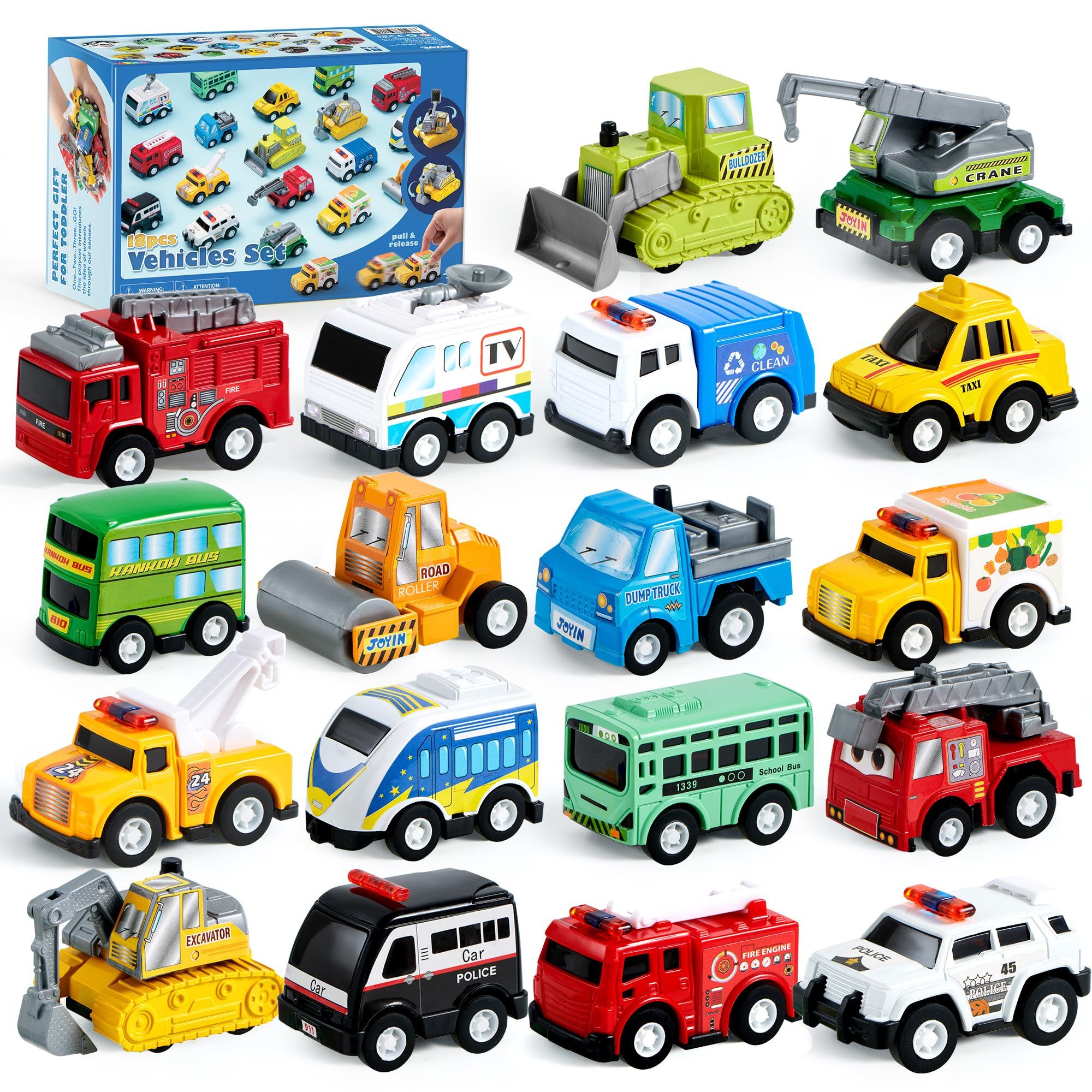 Spielzeug-Auto 18-teiliges Set mit Rückziehspielzeugen – Autos und LKWs