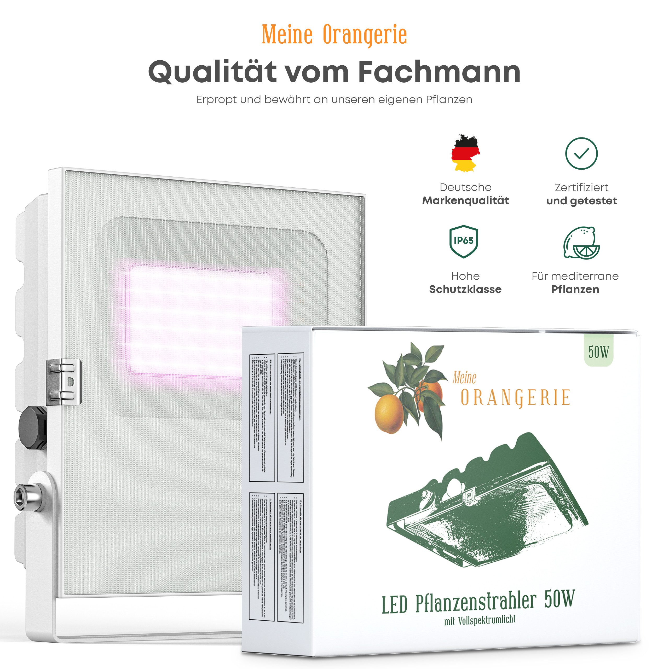 Meine Orangerie Pflanzenlampe 50W LED-Spezialleuchte zur Überwinterung von Pflanzen, LED fest integriert, 400-750nm, LED-Pflanzenlampe Speziallichtquelle