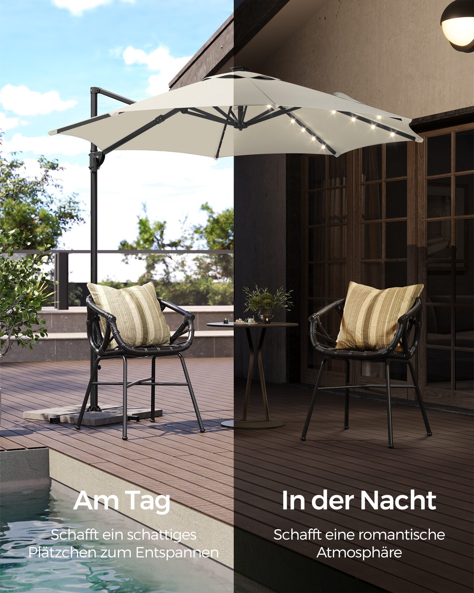 SONGMICS Sonnenschirm, Ampelschirm, ∅300cm, mit/ohne 28 Solar-LED-Leuchten, um 360° drehbar
