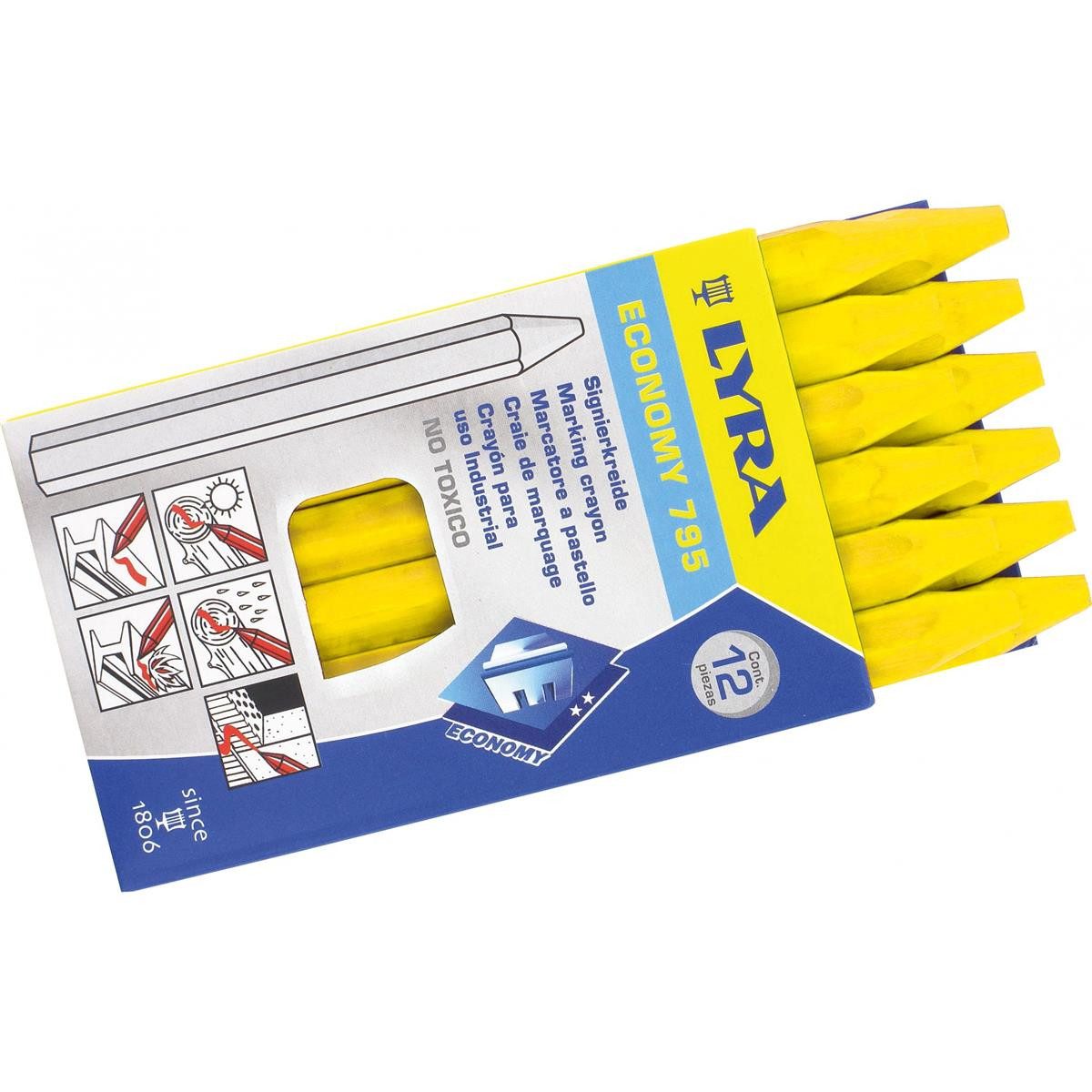 LYRA Kreidemarker Lyra Signierkreide 12 Stück gelb, (auf Ölbasis, sechseckig - gespitzt - Ø11mm x 120mm (unpapiert), zum Beschriften von Holz, Nassholz, Stein und Metall geeignet