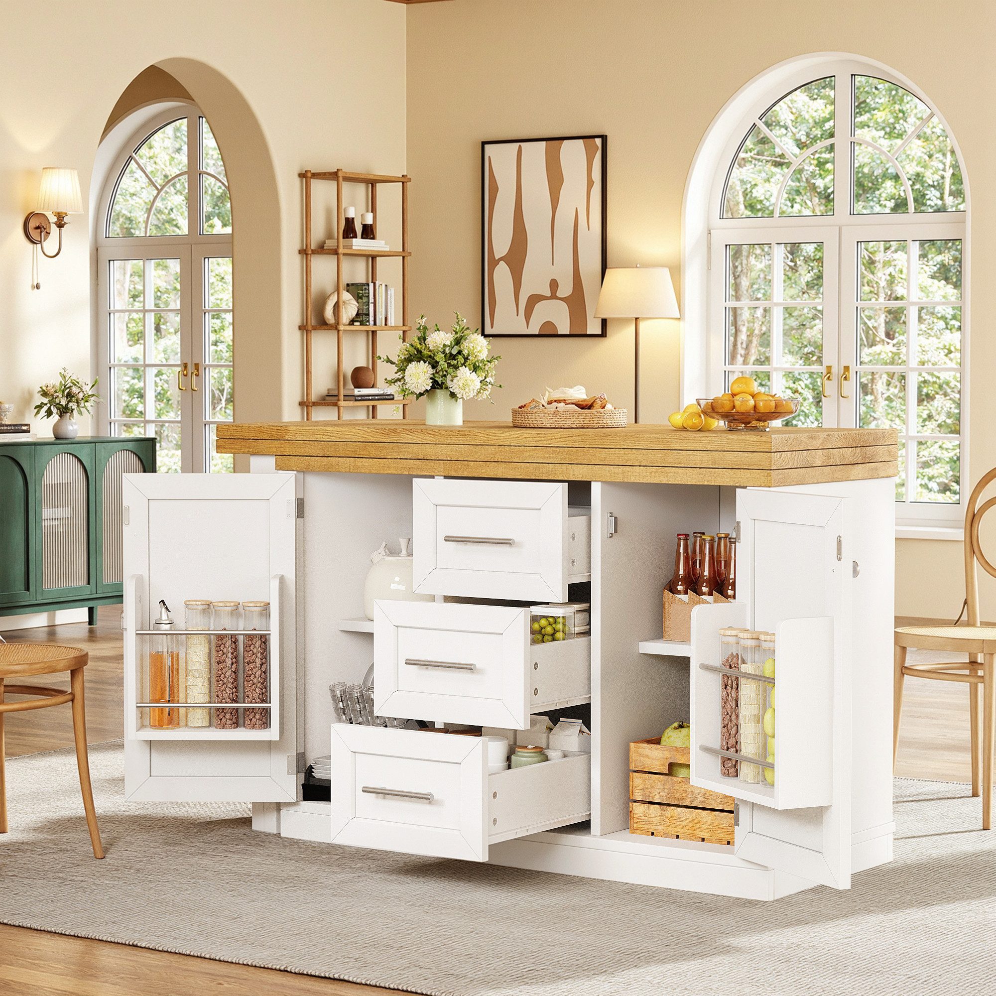 Flieks Kücheninsel Mehrzweckschrank mit 360° drehbarer und klappbarer Arbeitstisch, (Holzoptik Tischplatte Tiefe 40-80cm, Längenverstellbar 120-197cm), ausziehbarer Esstisch & Küchenschrank mit Schubladen&Snackregal Grün